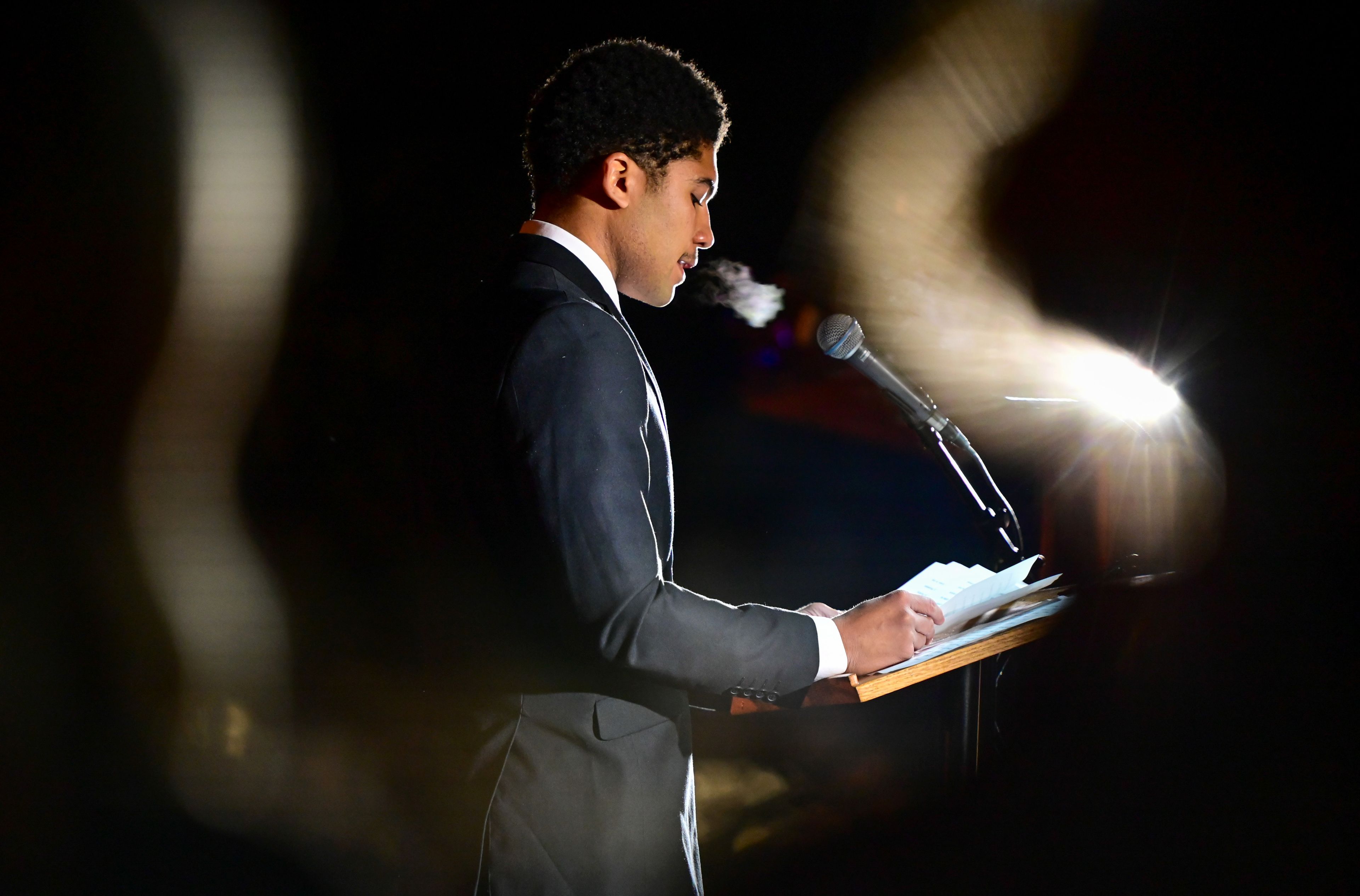 Darius Jordan Myers shares stories about Ethan Chapin, one of the four University of Idaho student killed a year ago in a quadruple homicide, during a vigil on campus Monday.