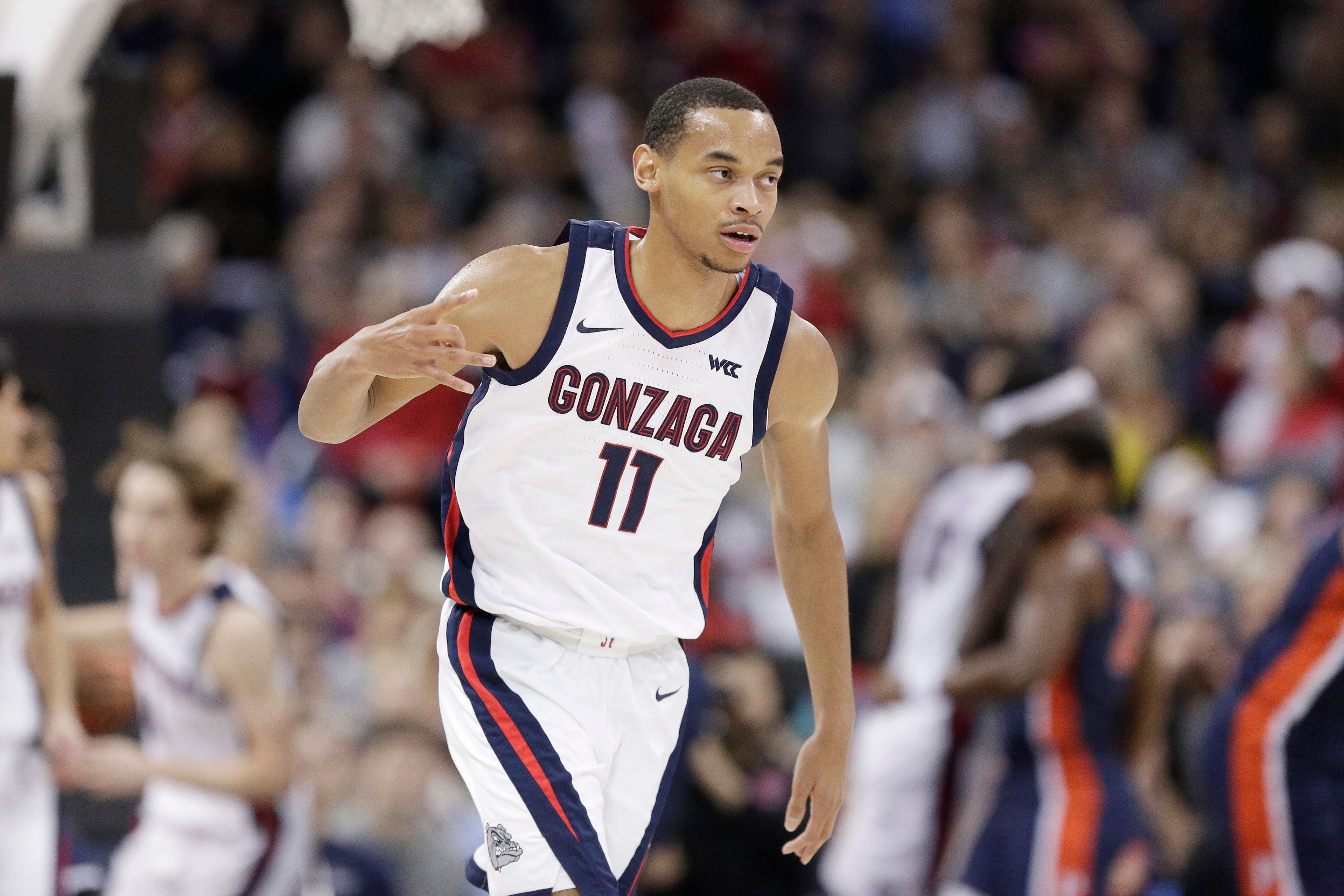 Gonzaga guard Nolan Hickman celebrates his basket against Pepperdine during the first half of a game Thursday in Spokane.