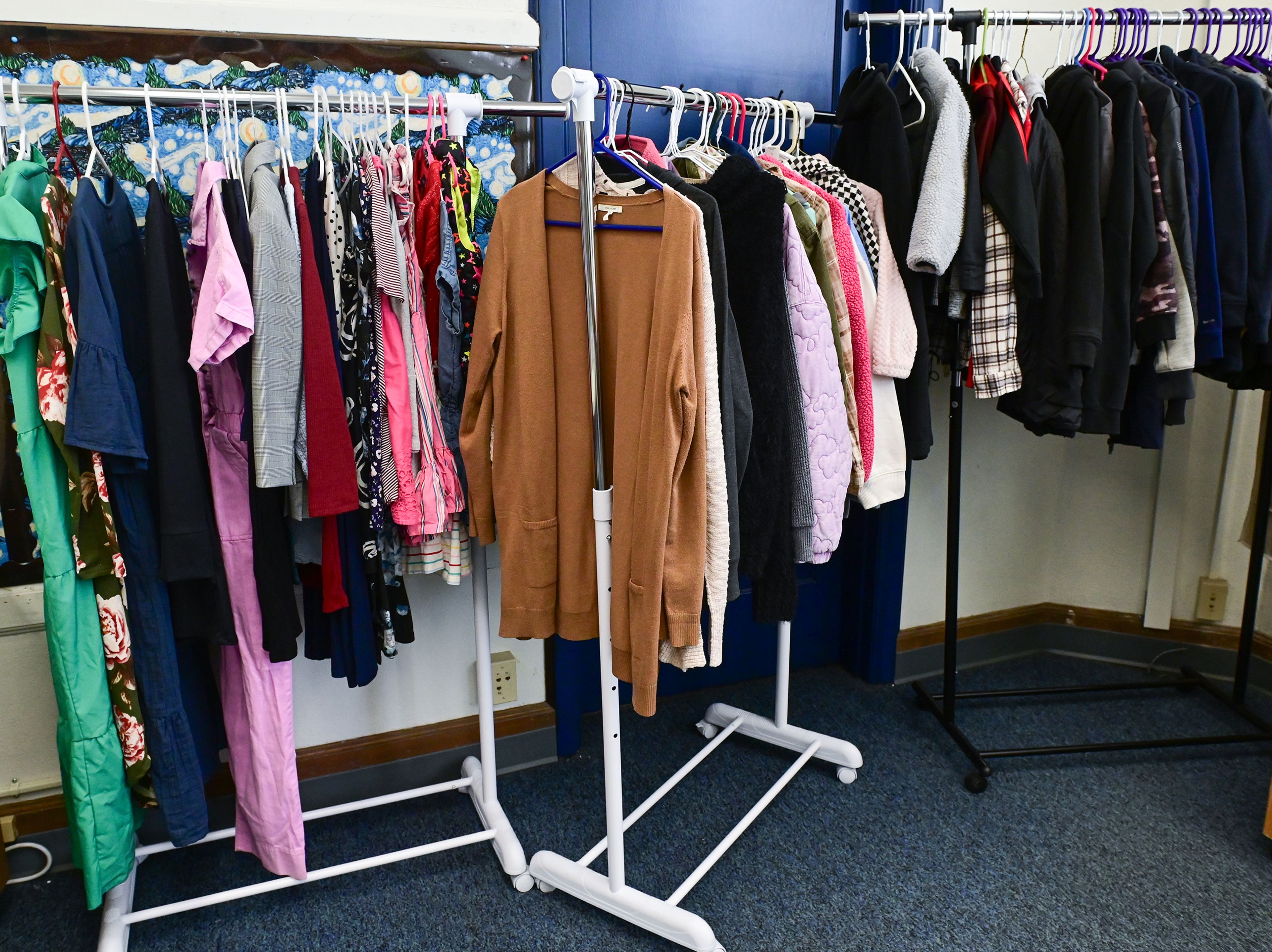 Clothes are hung in the Moscow School District Family Resource Hub in the Russell Elementary building Thursday in Moscow.,