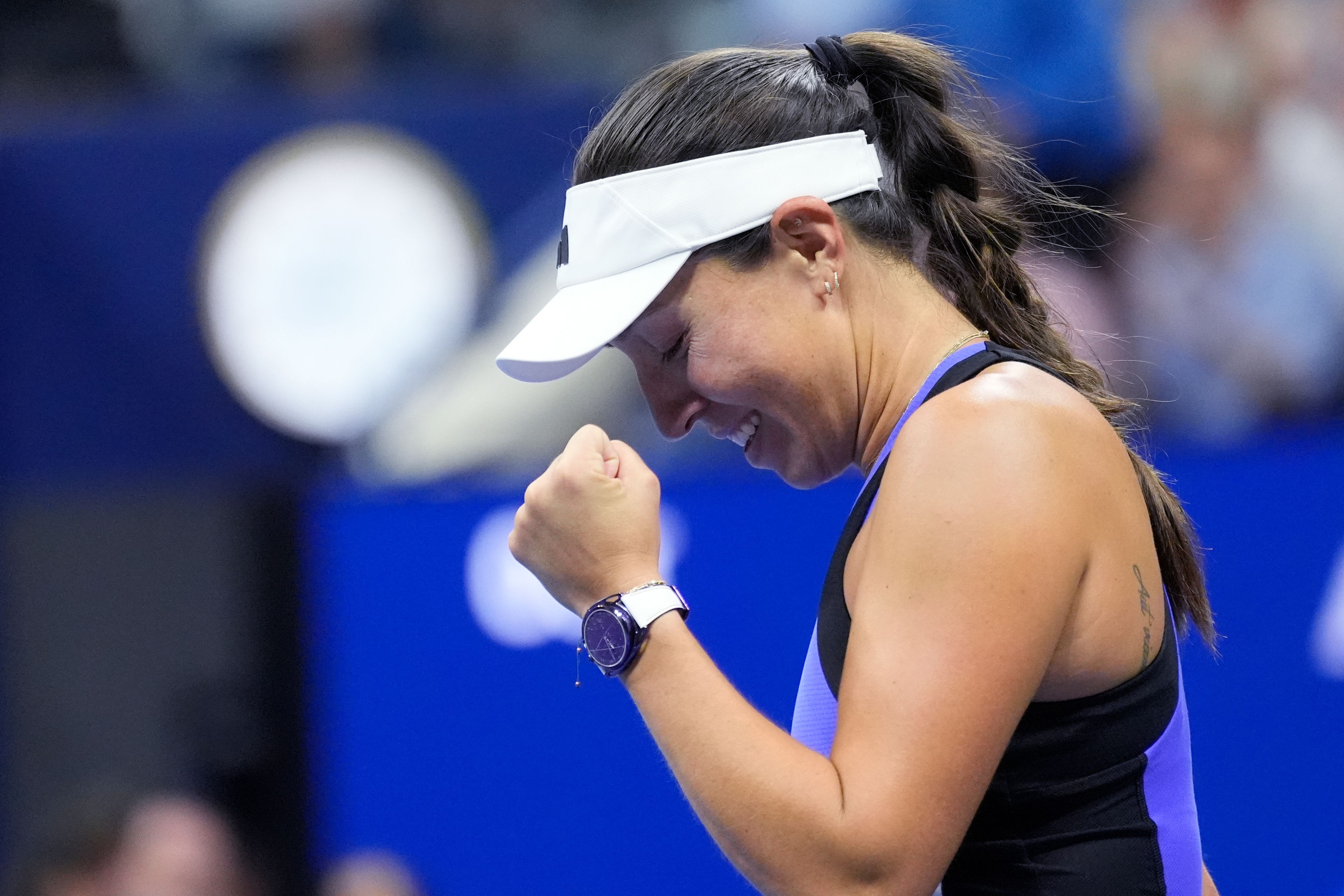 Jessica Pegula, of the United States, reacts after defeating Iga Świątek, of Poland, during the quarterfinals of the U.S. Open tennis championships, Wednesday, Sept. 4, 2024, in New York.