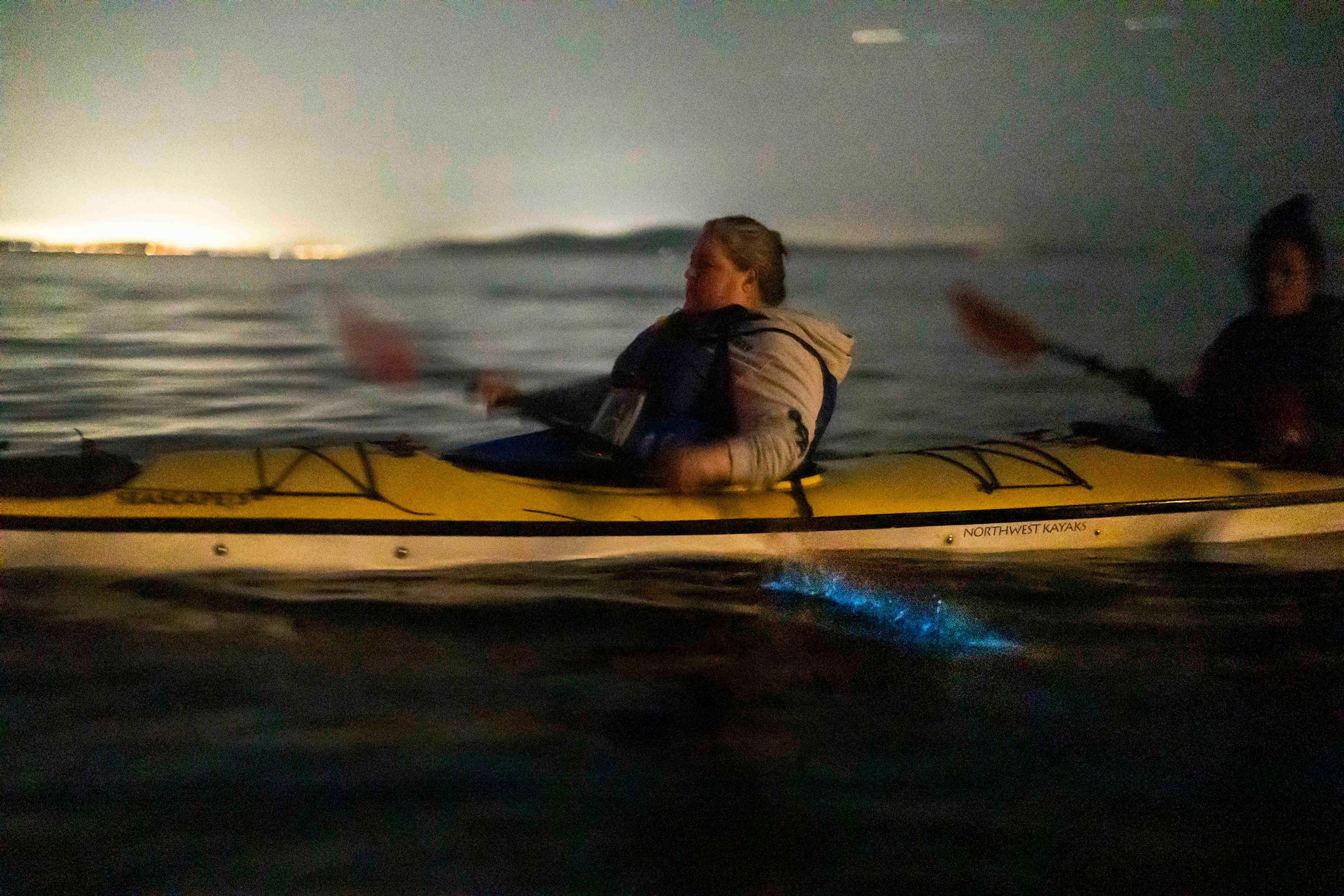 Bioluminescent dinoflagellates sparkle while sea kayakers paddles near Washington state's Larrabee State Park on a waxing crescent moon in 2023.