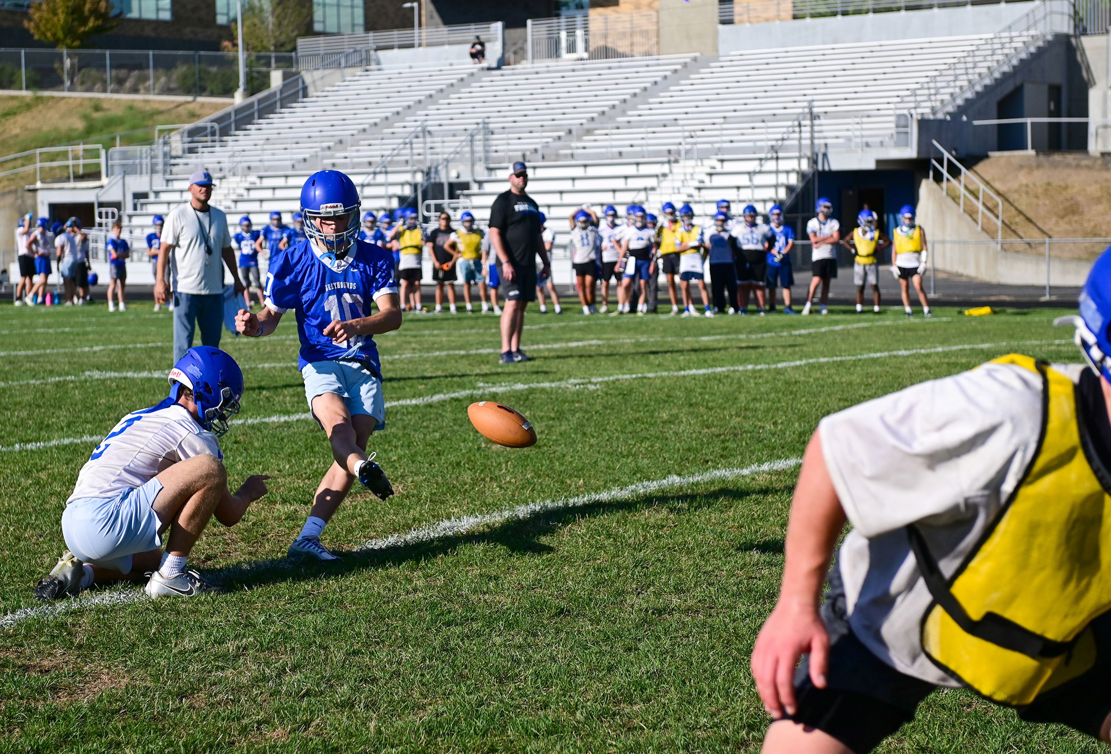 A kick is made near the end zone at Pullman’s practice on Wednesday.