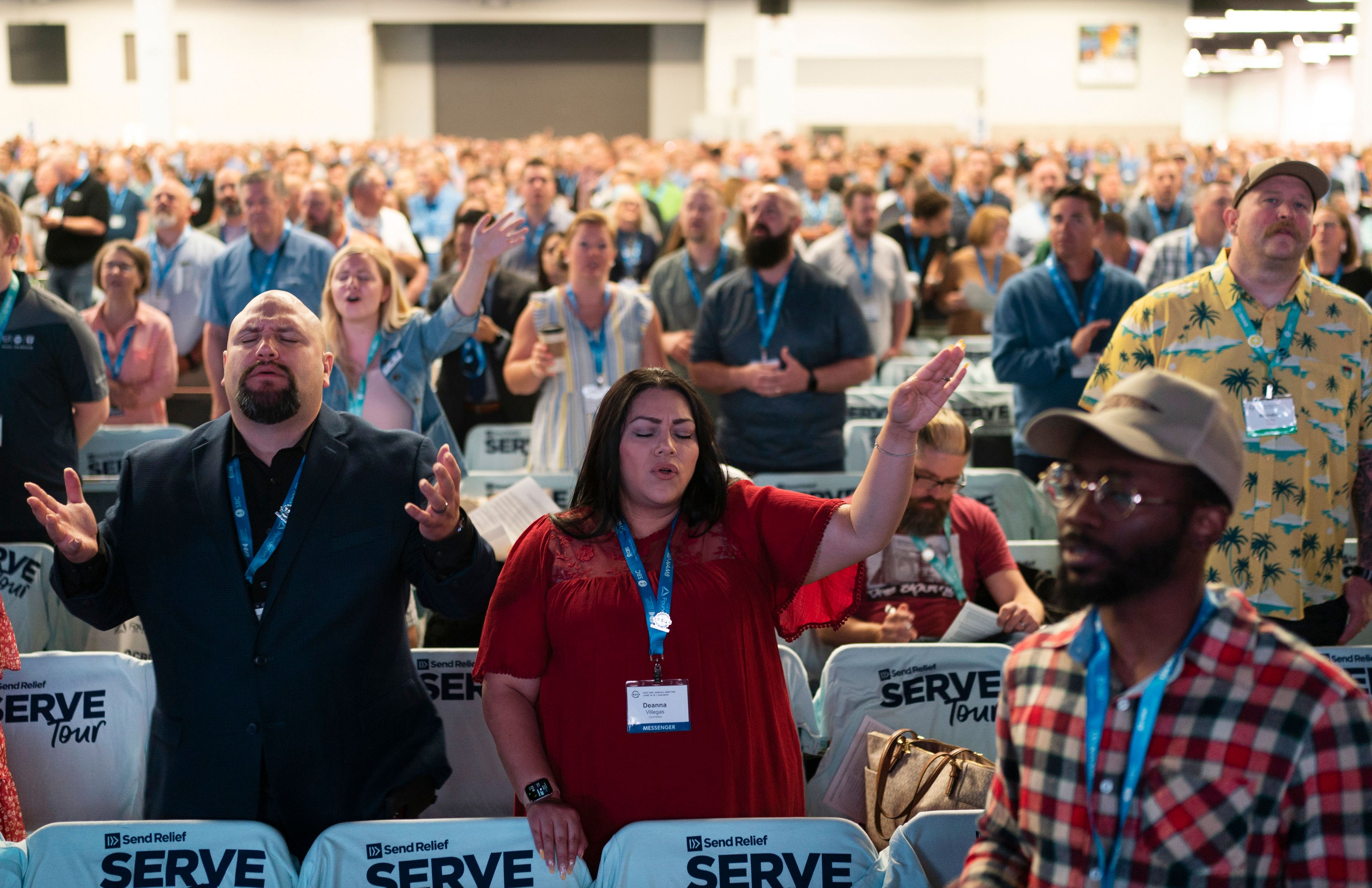 FILE - Attendees sing during a worship service at the Southern Baptist Convention's annual meeting in Anaheim, Calif., Tuesday, June 14, 2022. Thousands will gather in Indianapolis, June 11-12, 2024, for the annual meeting of the Southern Baptist Convention.