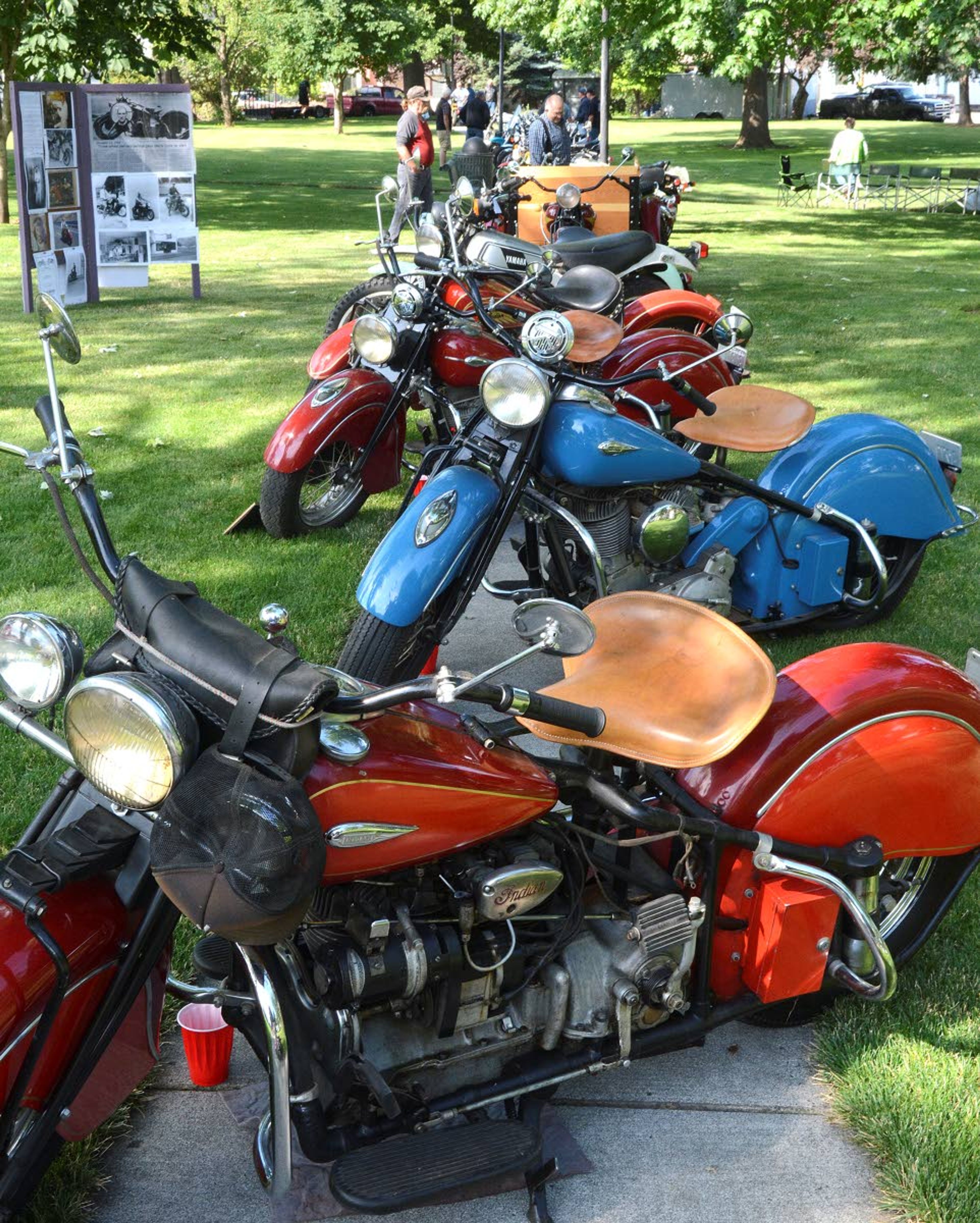 Vintage motorcycles covered the diagonal walkway through Vernon Park, giving the two-wheelers a wide perspective of their favorite mode of transportation. The display included Mac McClain's antique Indian Motorcycles (foreground) and most other brands and sizes that were 25 years and older.