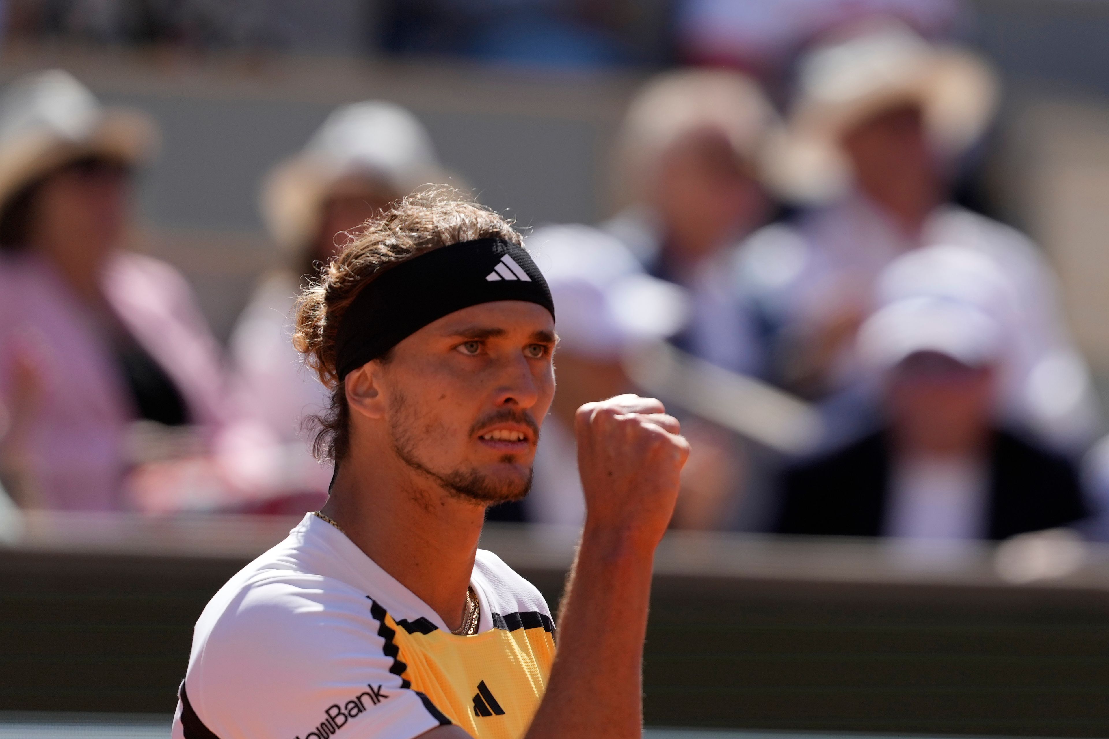 Germany's Alexander Zverev reacts as he plays against Spain's Carlos Alcaraz during the men's final match of the French Open tennis tournament at the Roland Garros stadium in Paris, Sunday, June 9, 2024.