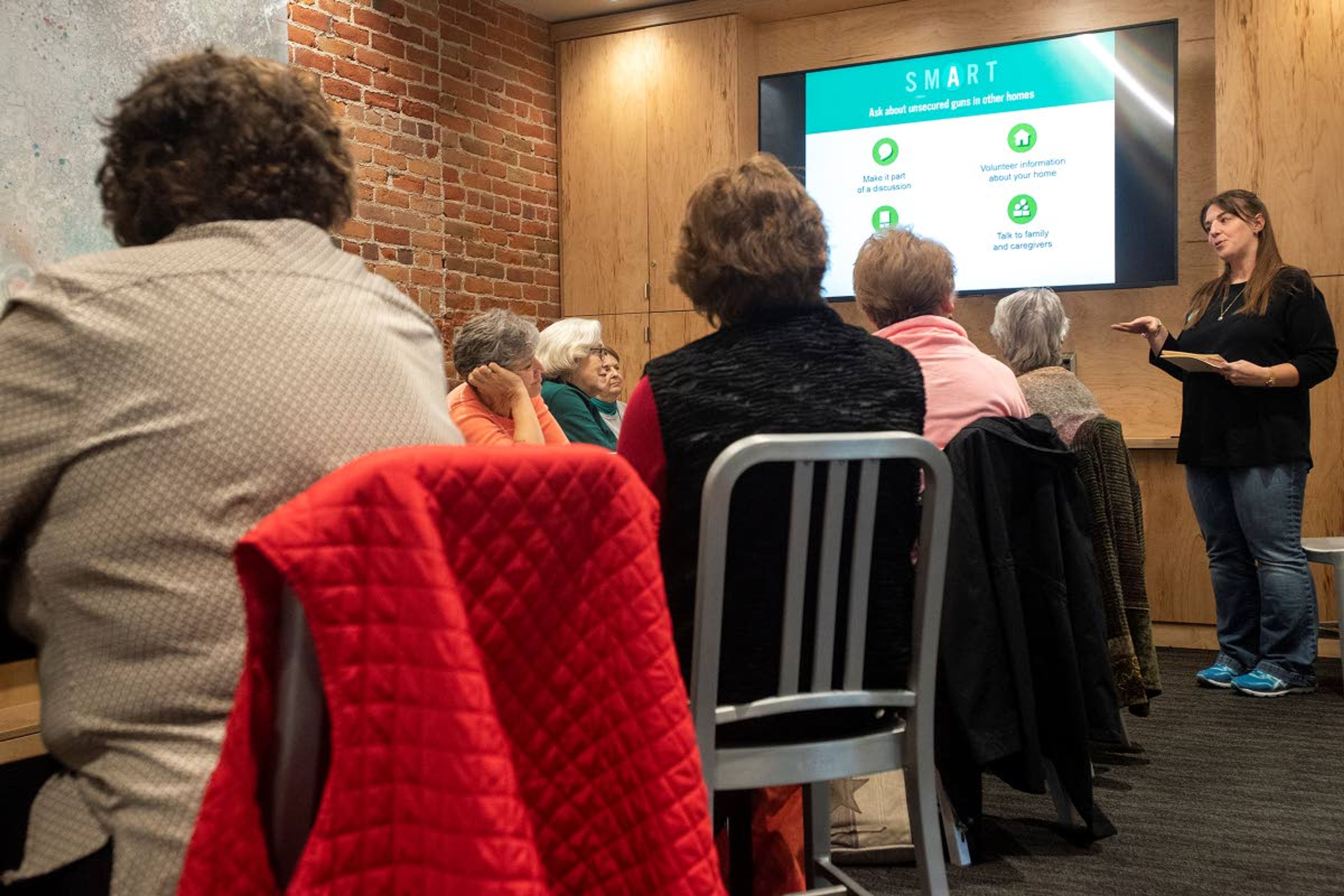 Christie Fredericksen, a spokesperson for BeSmart, talks about gun safety to the League of Women Voters of the L-C Valley during a presentation Wednesday afternoon at the Lewiston City Library.