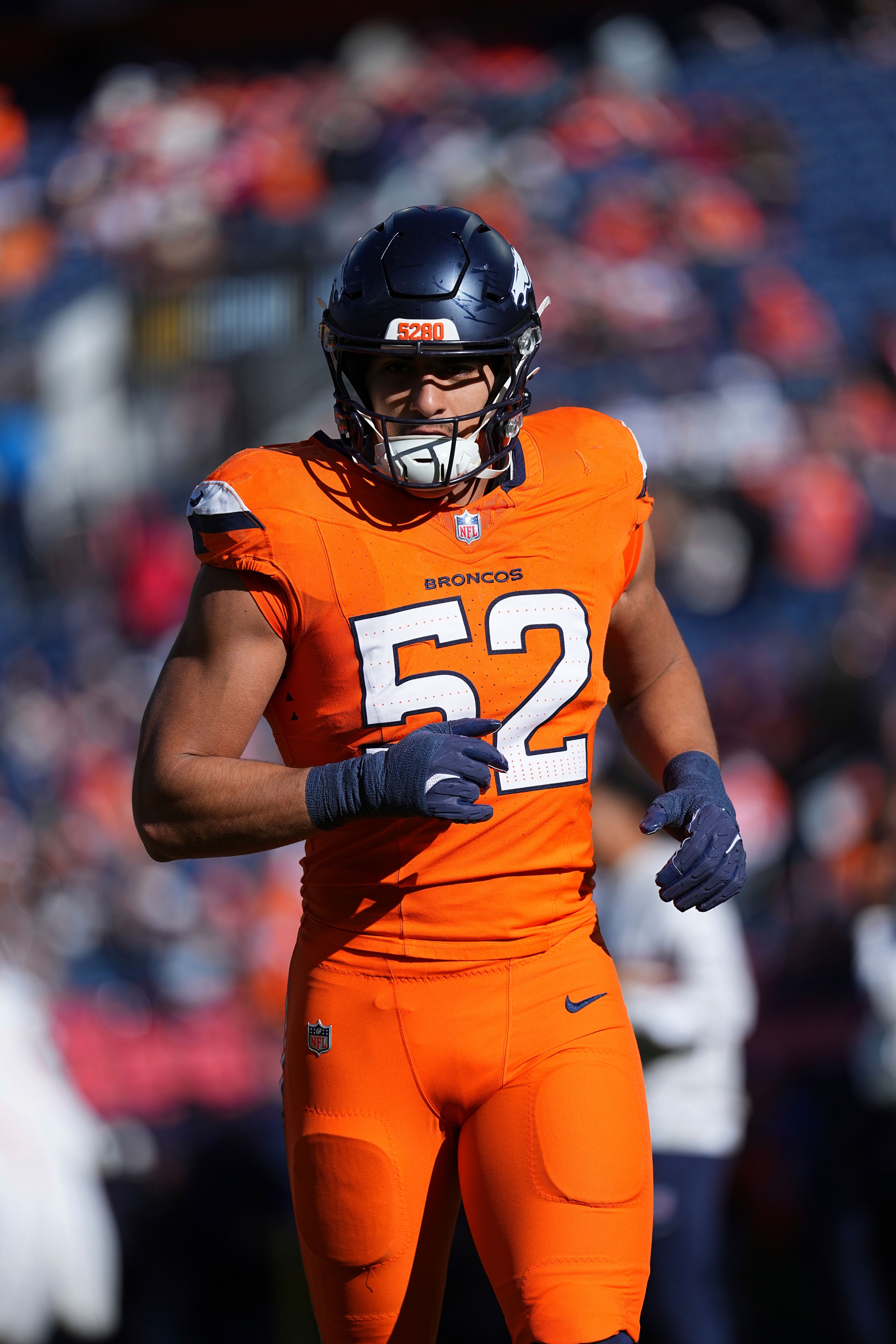 Denver Broncos linebacker Jonah Elliss (52) prior to the game against the Atlanta Falcons during an NFL football game, Sunday, Nov. 17, 2024 in Denver. (AP Photo/Bart Young)