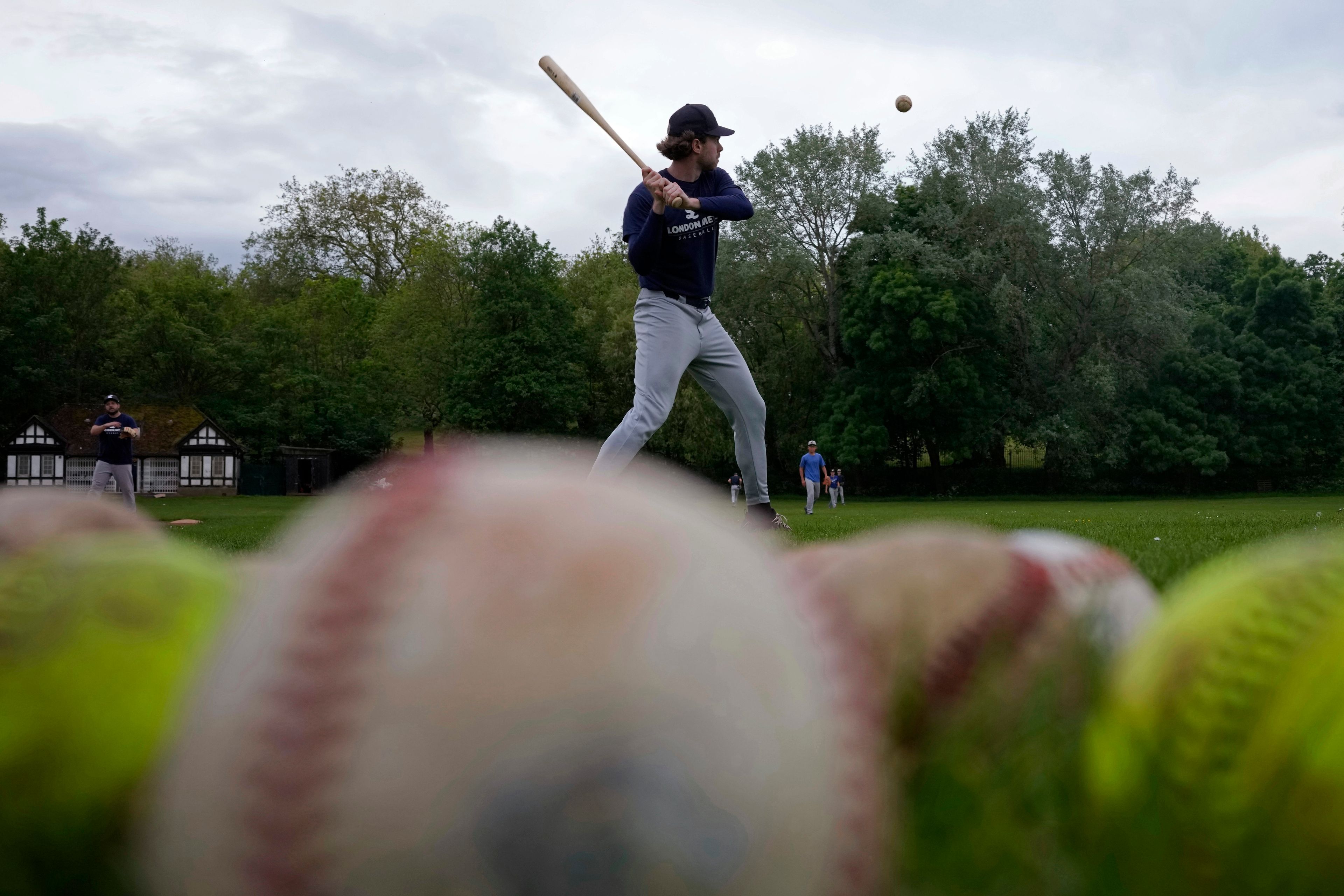 A player of the UK baseball team London Mets attends a training session at the Finsbury Park in London, Thursday, May 16, 2024. Baseball at the highest club level in Britain is competitive. Teams are mélange of locals and expats some with college and minor league experience. Baseball at the highest club level in Britain is competitive. Teams are mélange of locals and expats some with college and minor league experience.