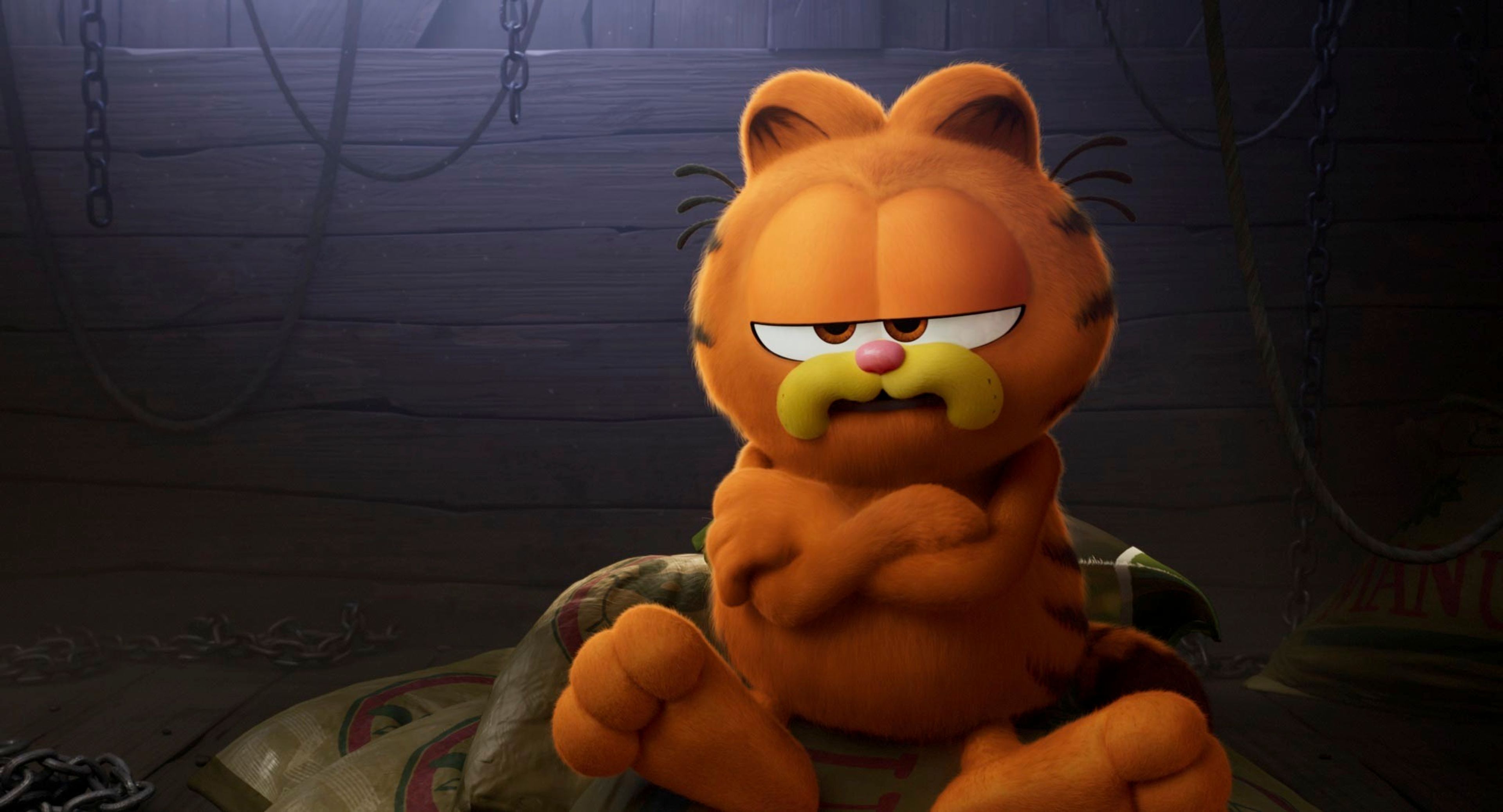 This image released by Sony Pictures shows Garfield, voiced by Chris Pratt, in a scene from the animated film "The Garfield Movie."