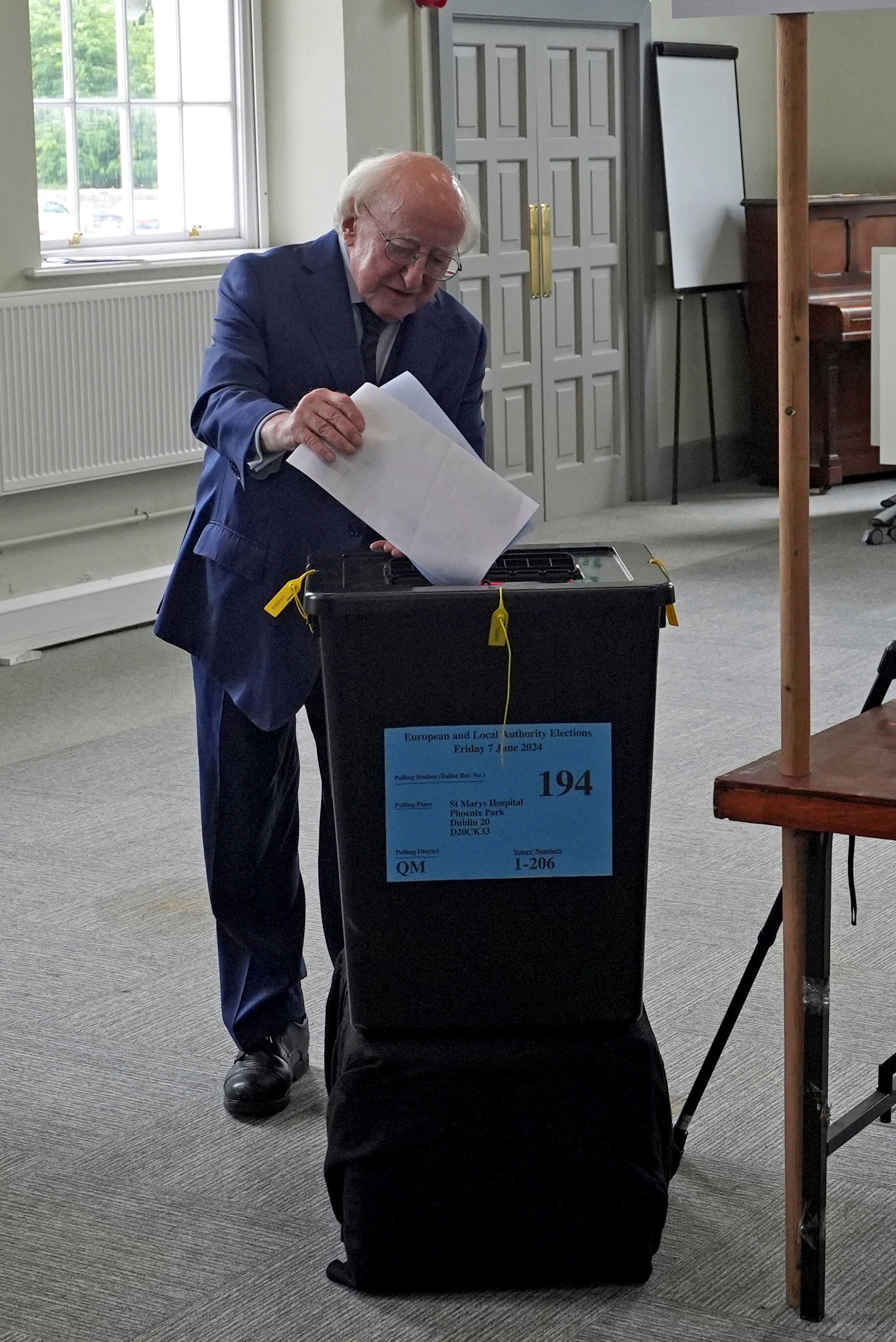 President of Republic of Ireland Michael D Higgins casts his vote in the local and European elections at St Mary's Hospital in Phoenix Park, Dublin, Ireland, Friday June 7, 2024.