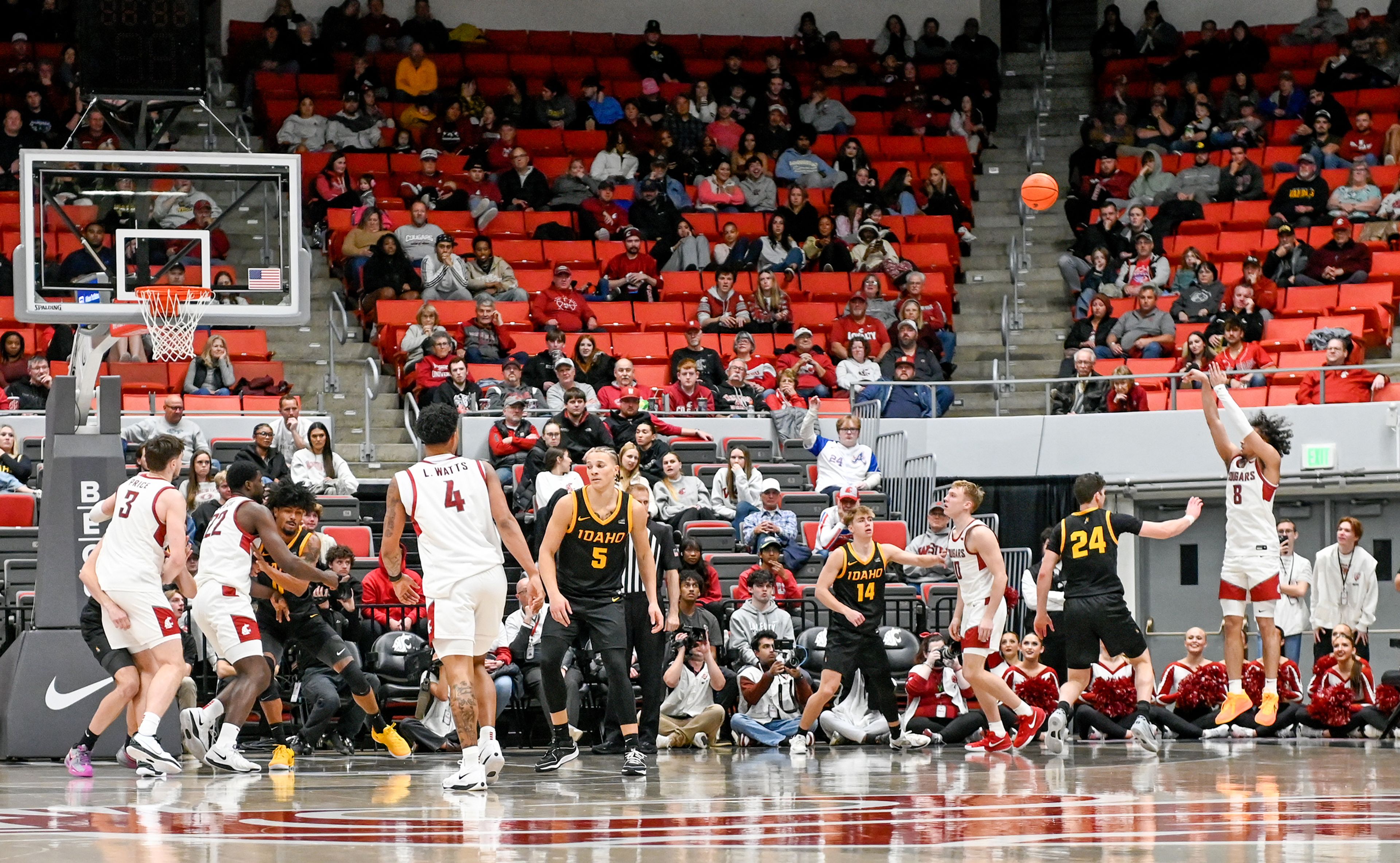 Washington State guard Nate Calmese release a three-point shot during the Battle of the Palouse game against Idaho Monday at Beasley Coliseum in Pullman.