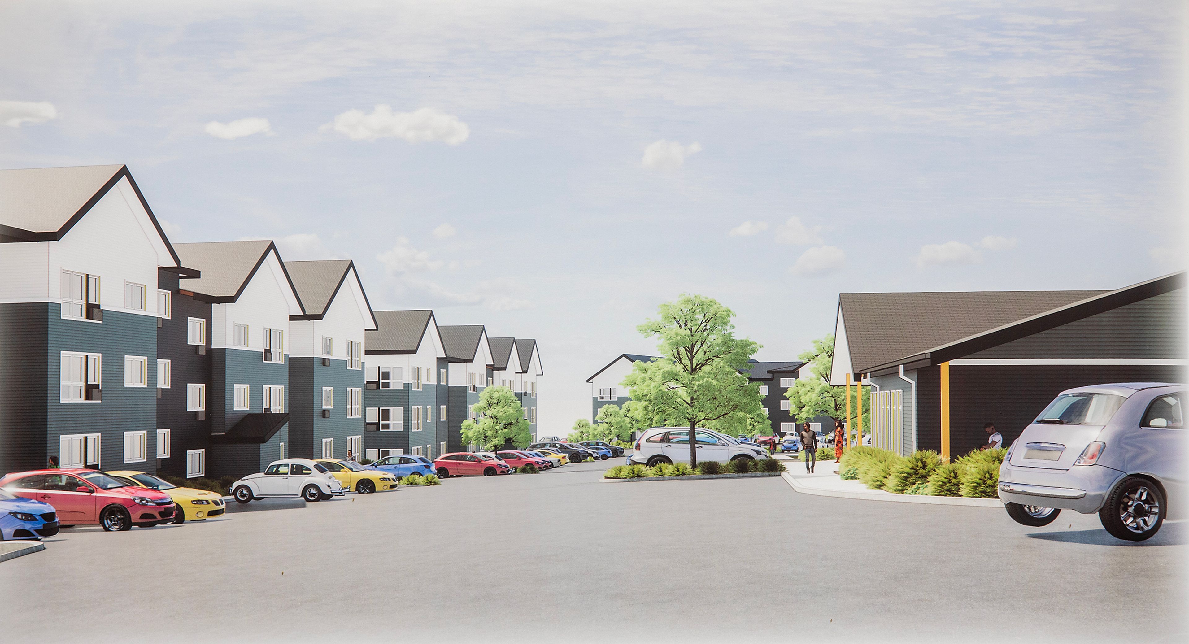 A rendering shows what the apartments along Port Drive will look like at the groundbreaking ceremony Monday in Clarkston.