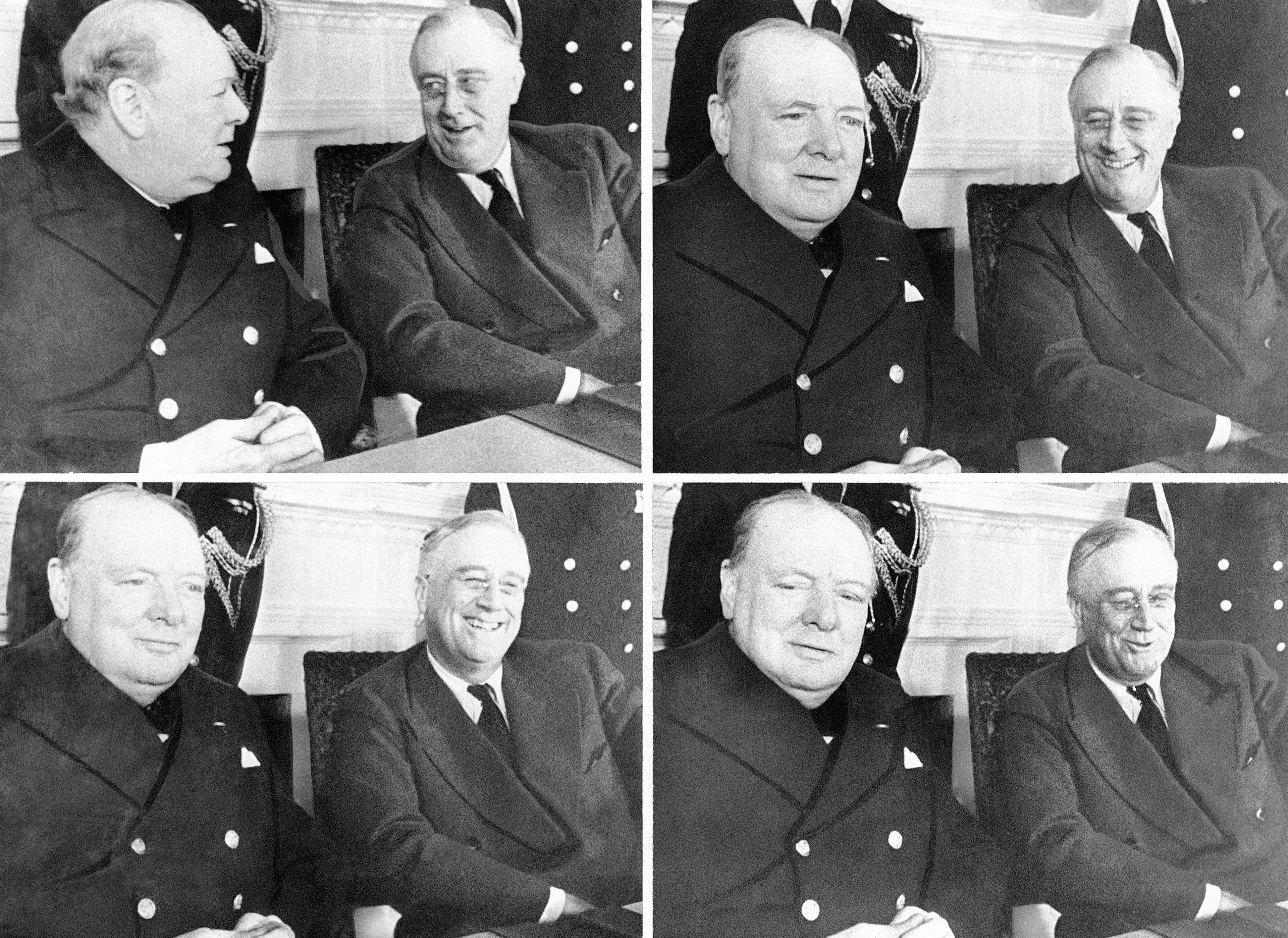 Four character studies of Prime Minister Winston Churchill, left, and President Franklin D. Roosevelt as they sat at the White House in Washington on Dec. 22, 1941. (AP Photo),