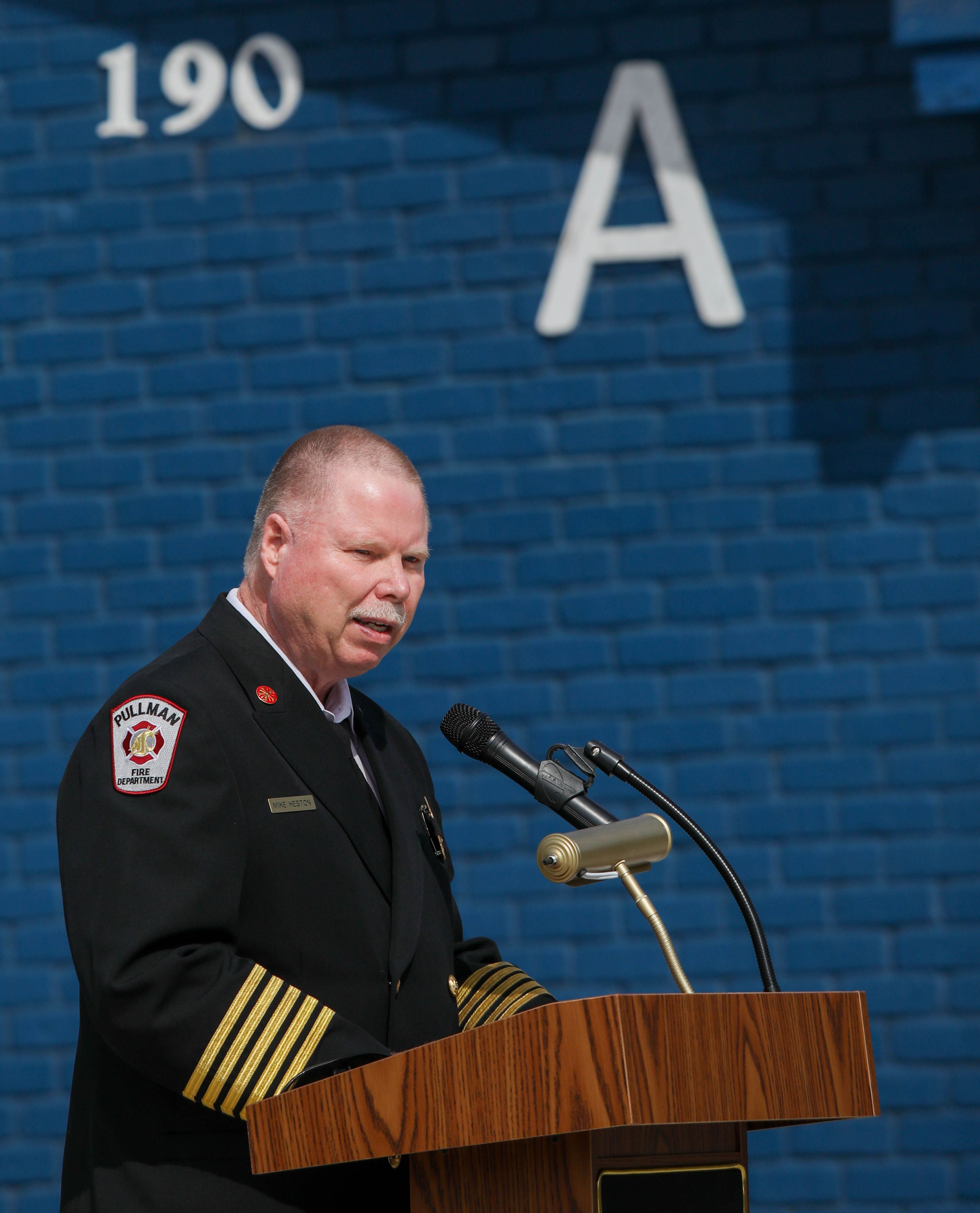 Pullman Fire Chief Mike Heston speaks at a Patriot Day ceremony Sept. 11, 2023, at Pullman City Hall.