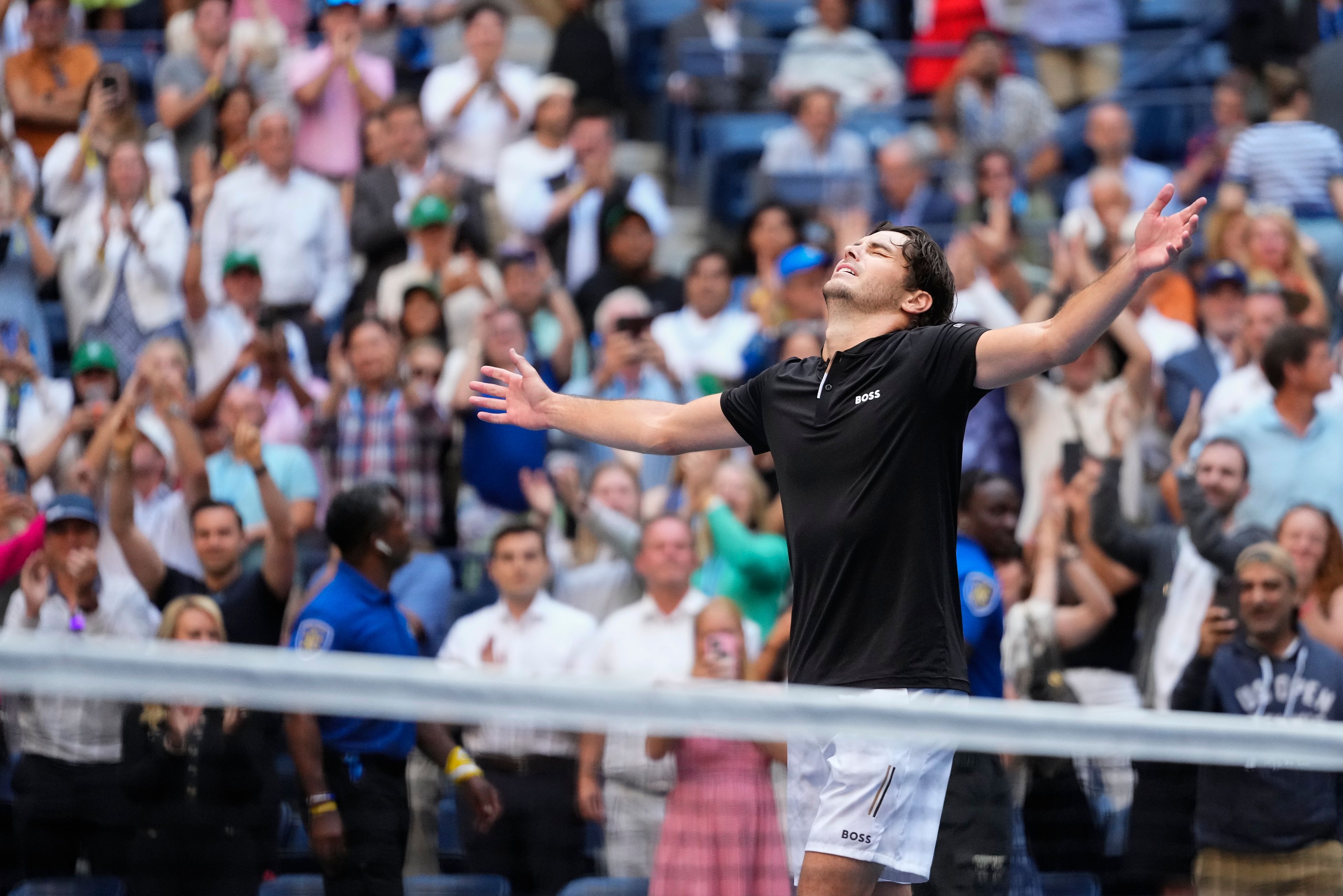 Taylor Fritz, of the United States, reacts after defeating Alexander Zverev, of Germany, during the quarterfinals of the U.S. Open tennis championships, Tuesday, Sept. 3, 2024, in New York.