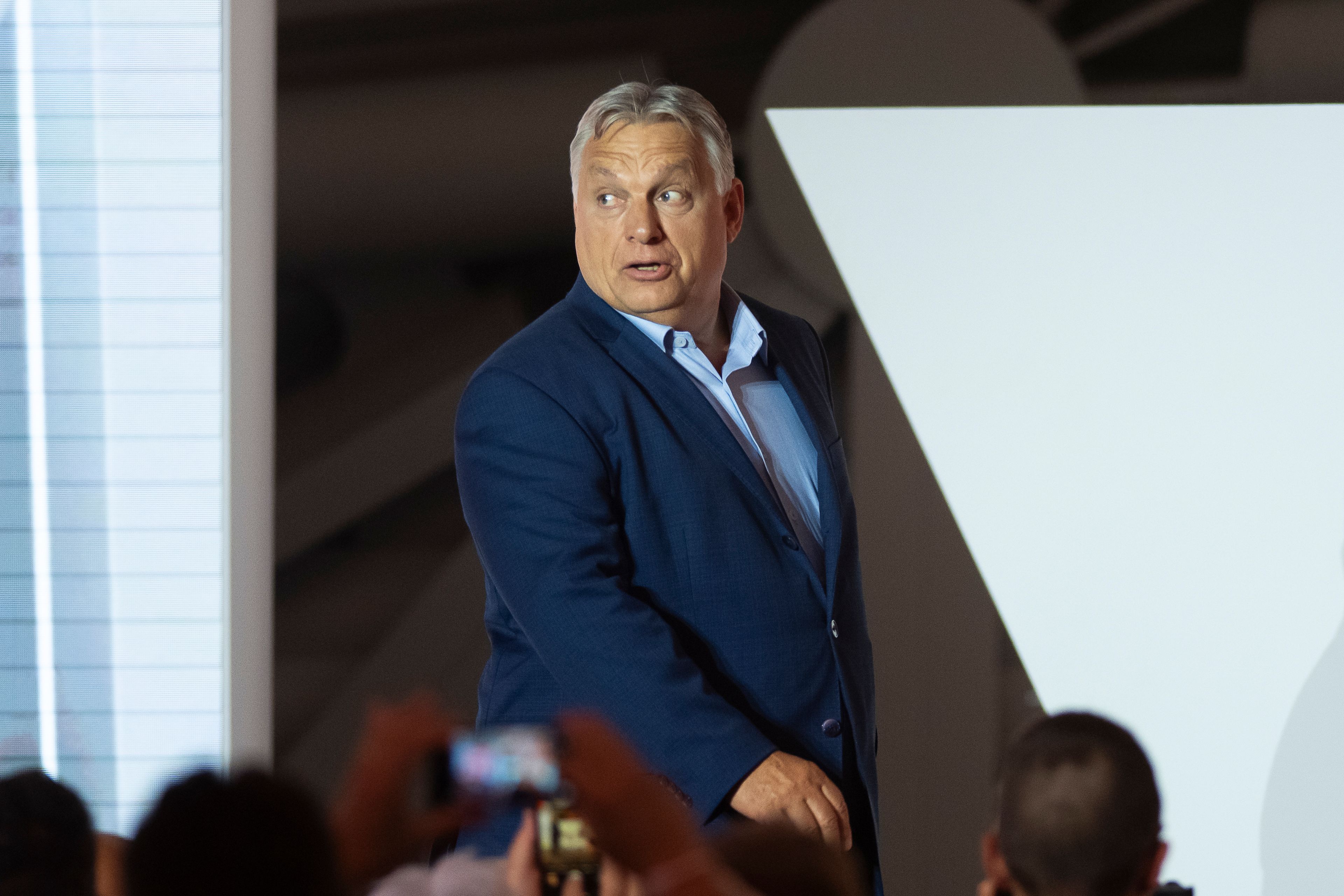 Hungarian Prime Minister Viktor Orban arrives to address the media after receiving the results of the European Parliamentary elections in Budapest, Hungary, Monday, June 10, 2024.