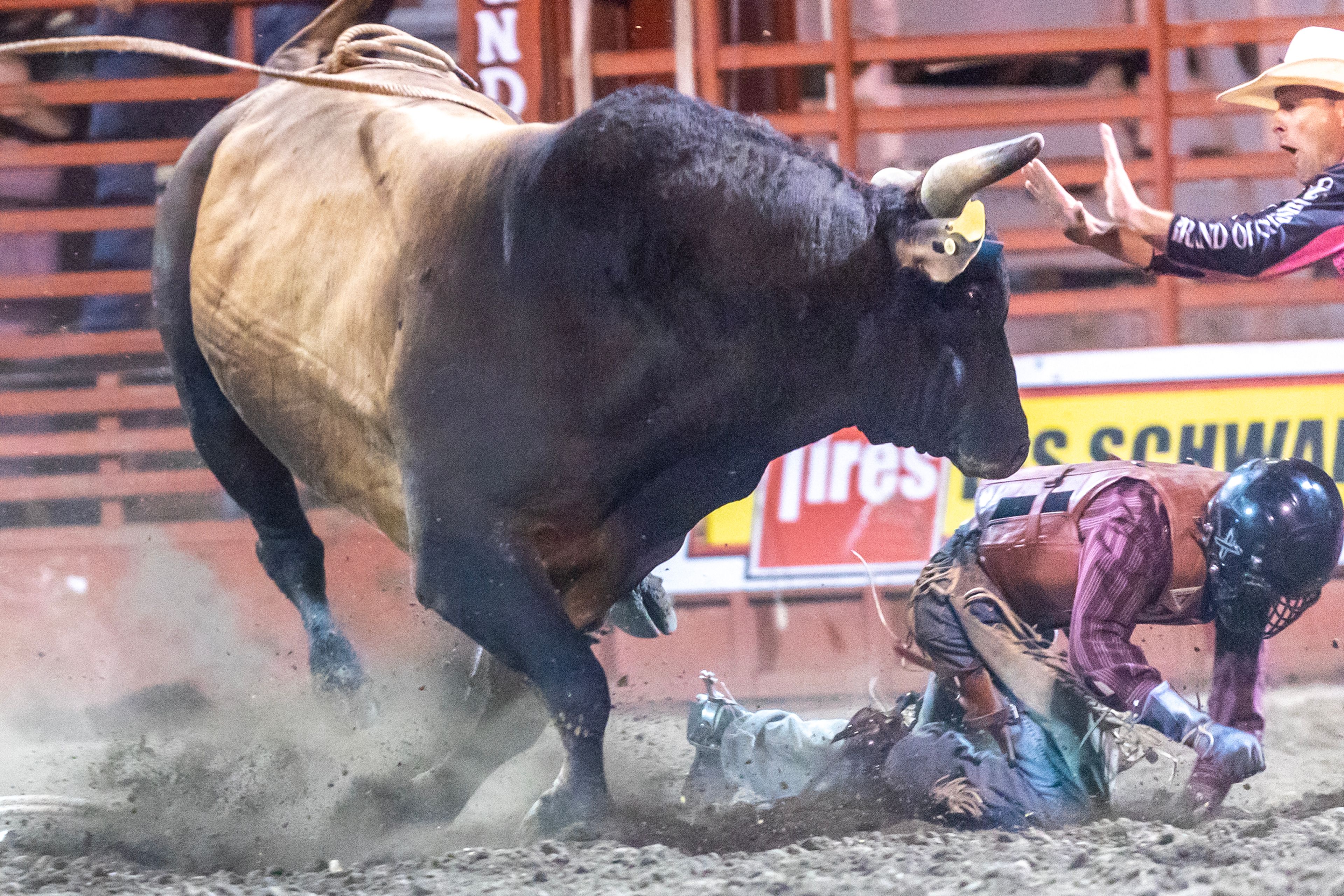 Cody Russell tries to get away from Night Hawk as a bull fighter steps in to help on night 3 Friday at the Lewiston Roundup.