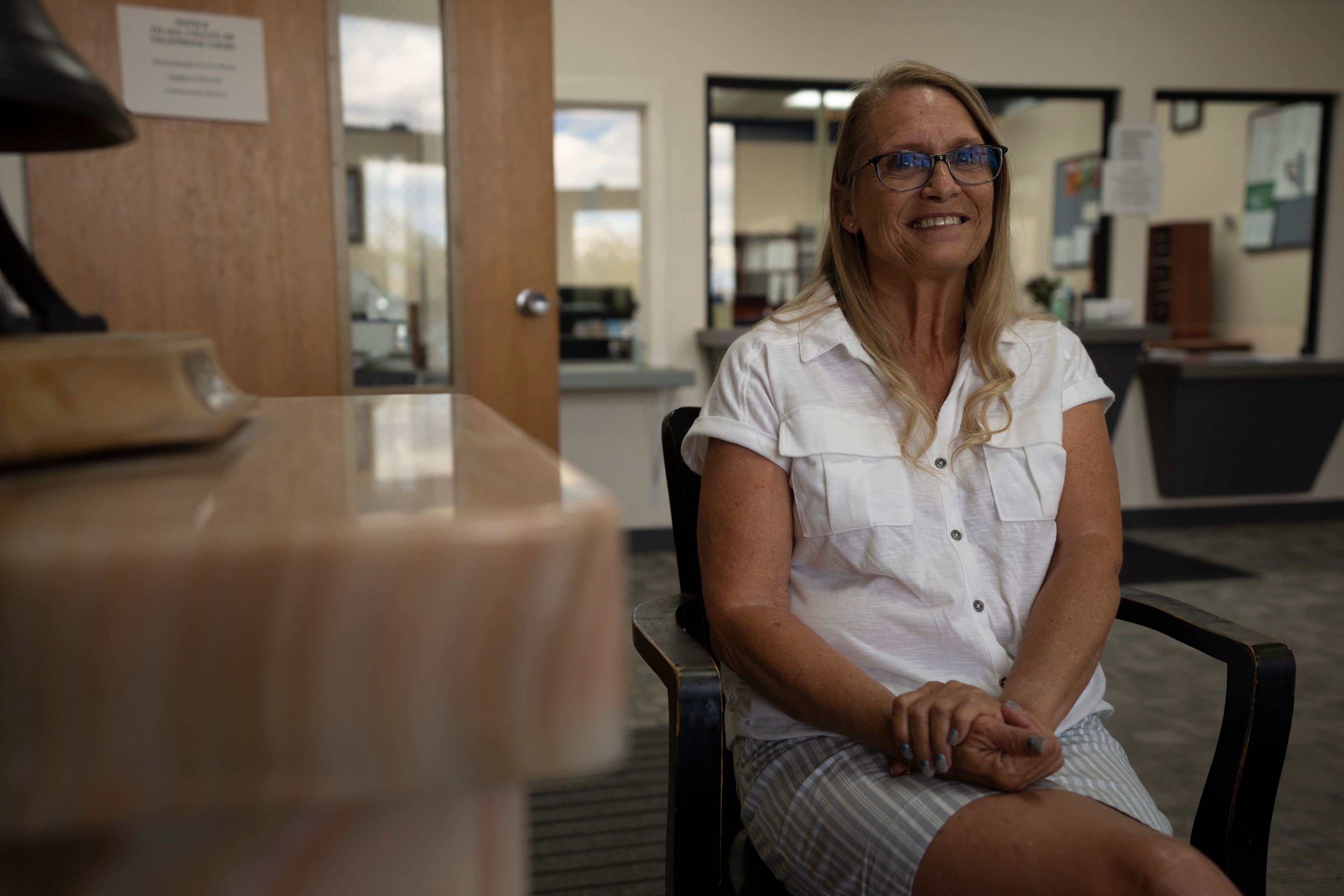 Teresa McNally, Mineral County clerk-treasurer, poses for a portrait in Hawthorne, Nev., Monday, May 13, 2024. The use of electronic balloting has been quietly expanding in recent years to cover the disabled and, in Nevada this year, Native American tribes. Election security experts are warning of the risk that ballots submitted on a computer can be digitally intercepted or manipulated.