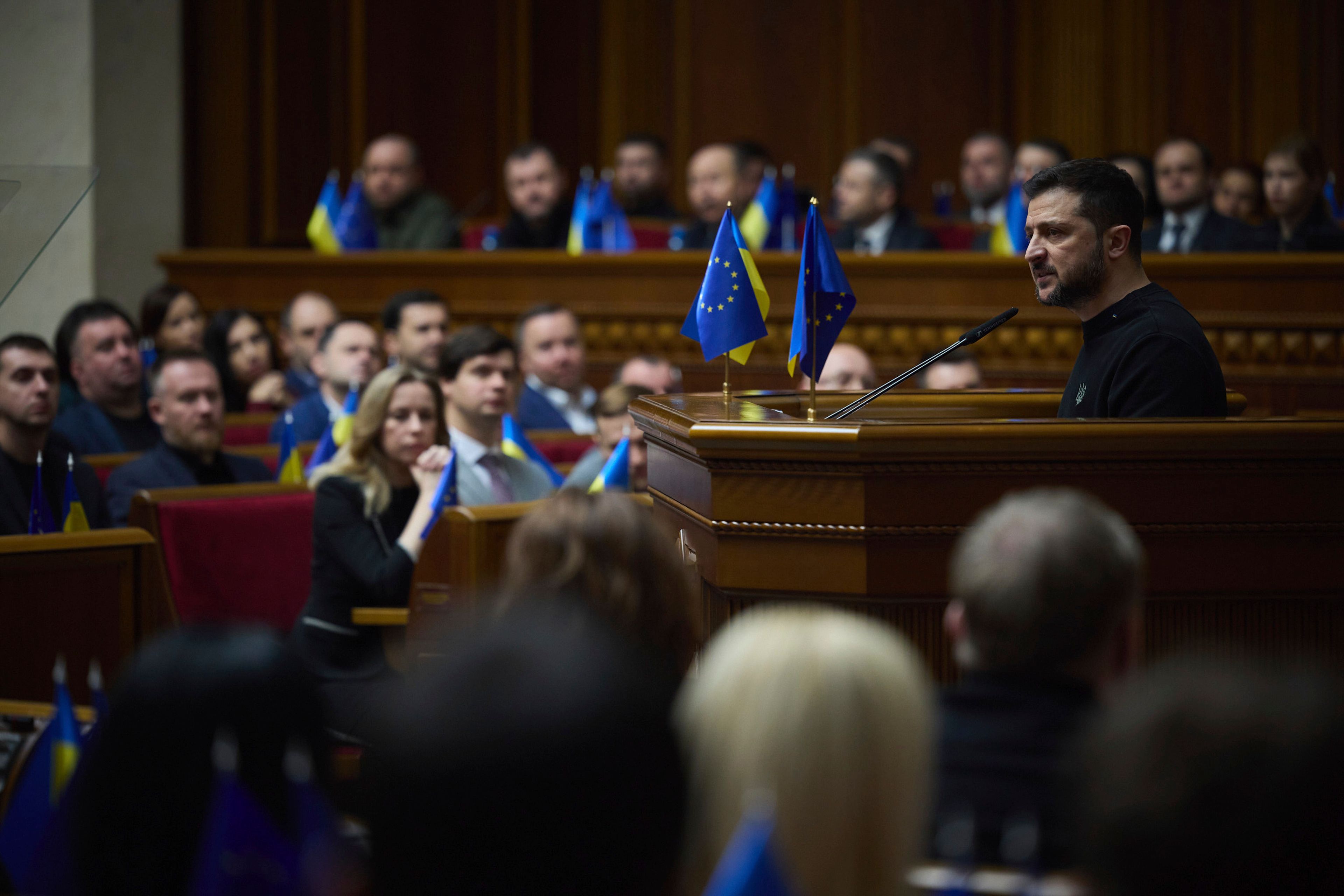 In this photo provided by the Press Service of The President of Ukraine on Nov. 19, 2024, Ukraine's President Volodymyr Zelenskyy speaks to parliamentarians at Verkhovna Rada in Kyiv, Ukraine. (Press Service of The President of Ukraine via AP)