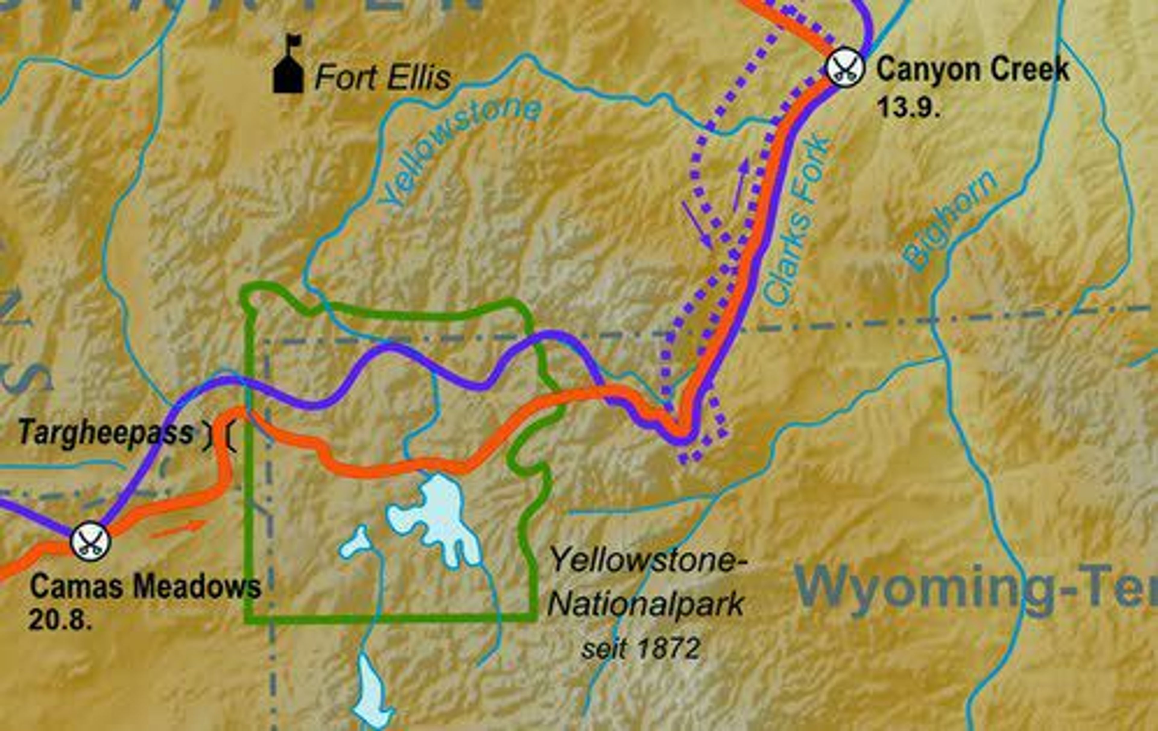 The Nez Perce route (red line) from Yellowstone Park to Canyon Creek and the route of Gen. Howard (purple) and Col. Sturgis (dotted purple).