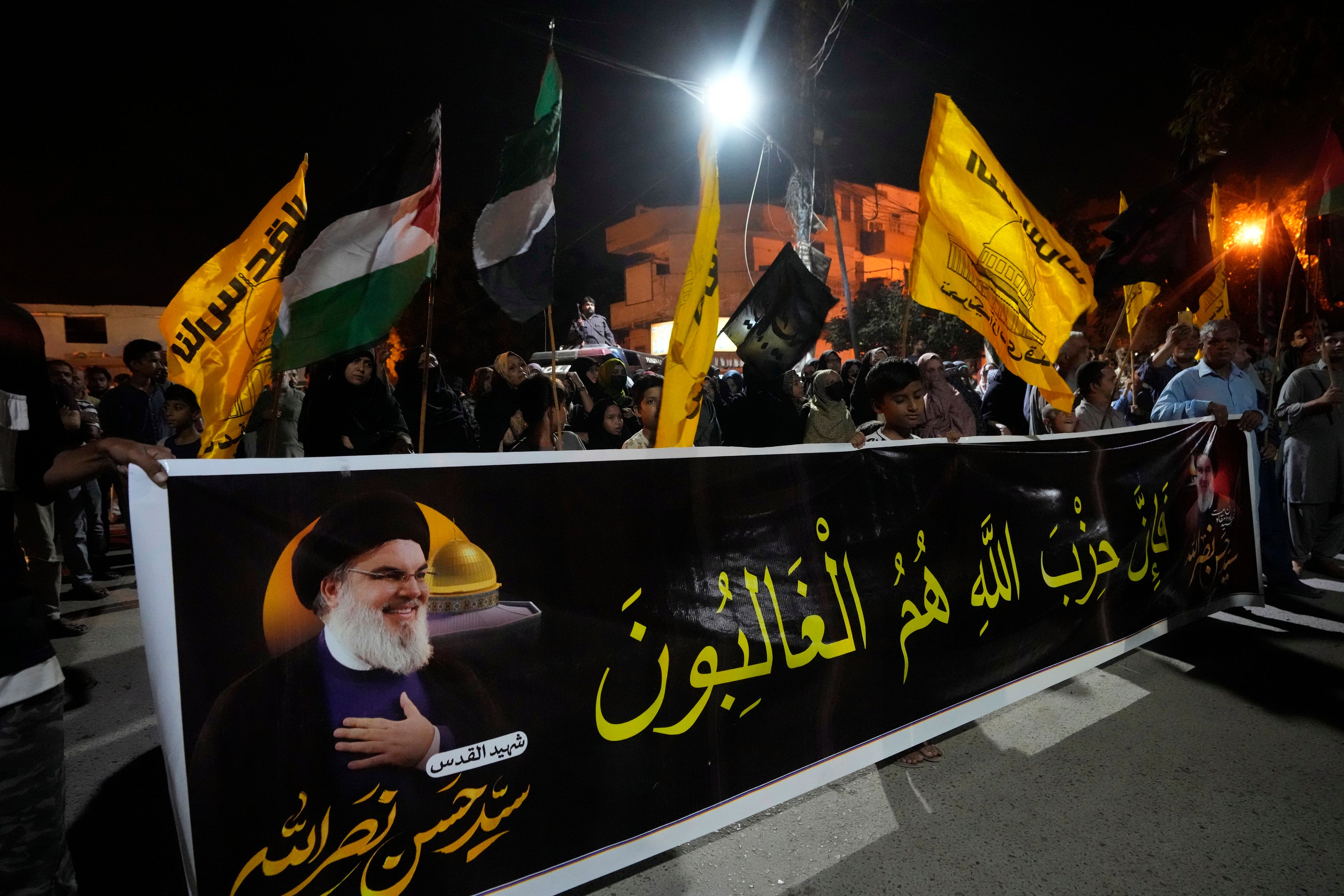 Shiite Muslims protest against the killing of Hezbollah leader Hassan Nasrallah, in Karachi, Pakistan, Saturday, Sept. 28, 2024. (AP Photo/Fareed Khan)