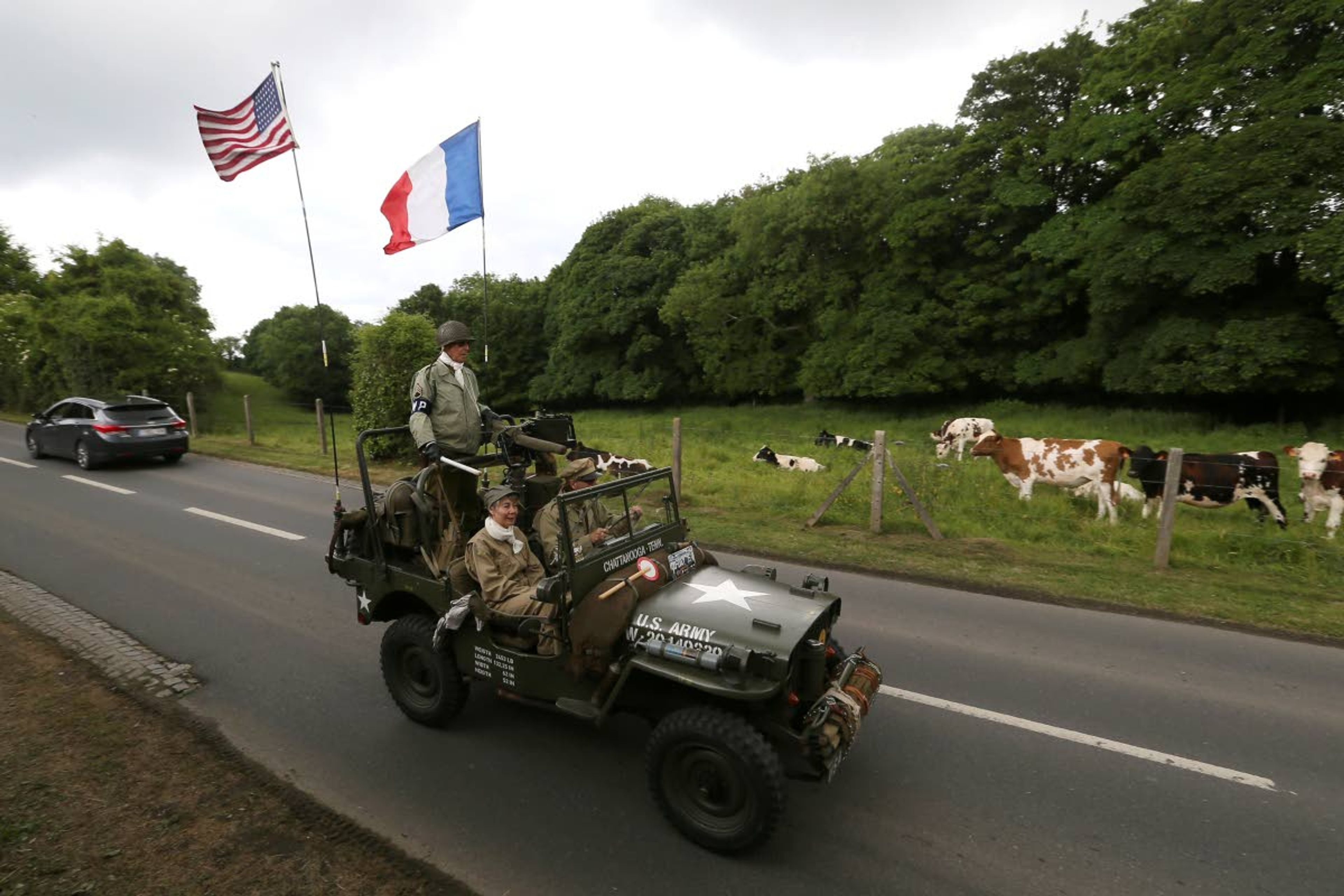 Cows watch WWII enthusiasts driving a jeep in Colleville-sur-Mer, Normandy, Wednesday June 5, 2019. Extensive commemorations are being held in the U.K. and France to honor the nearly 160,000 troops from Britain, the United States, Canada and other nations who landed in Normandy on June 6, 1944 in history's biggest amphibious invasion. (AP Photo/David Vincent)