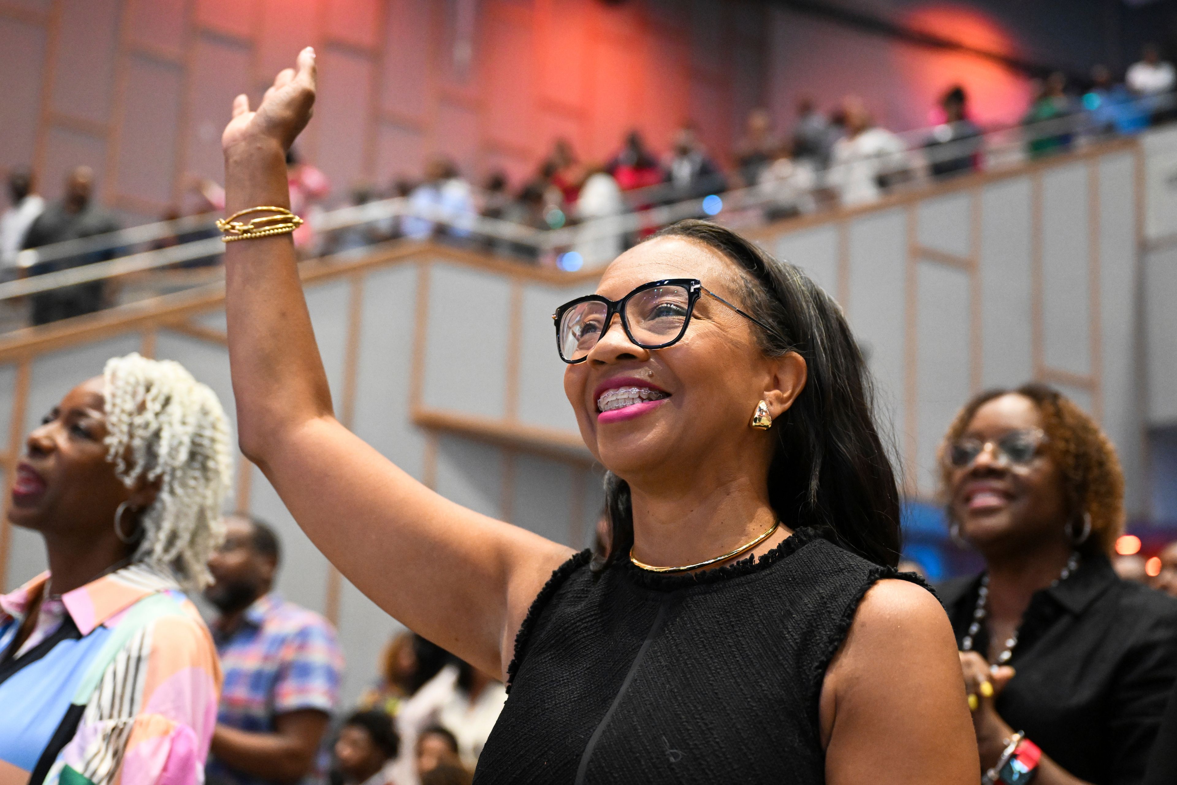 First Lady of Kingdom Fellowship AME Church Shawna Francis Watley is seen during church service, Sunday, June 2, 2024, in Calverton, Md. The suburban Maryland congregation, led by the Rev. Matthew L. Watley, has landed at the top of a list of the fastest-growing churches in America.