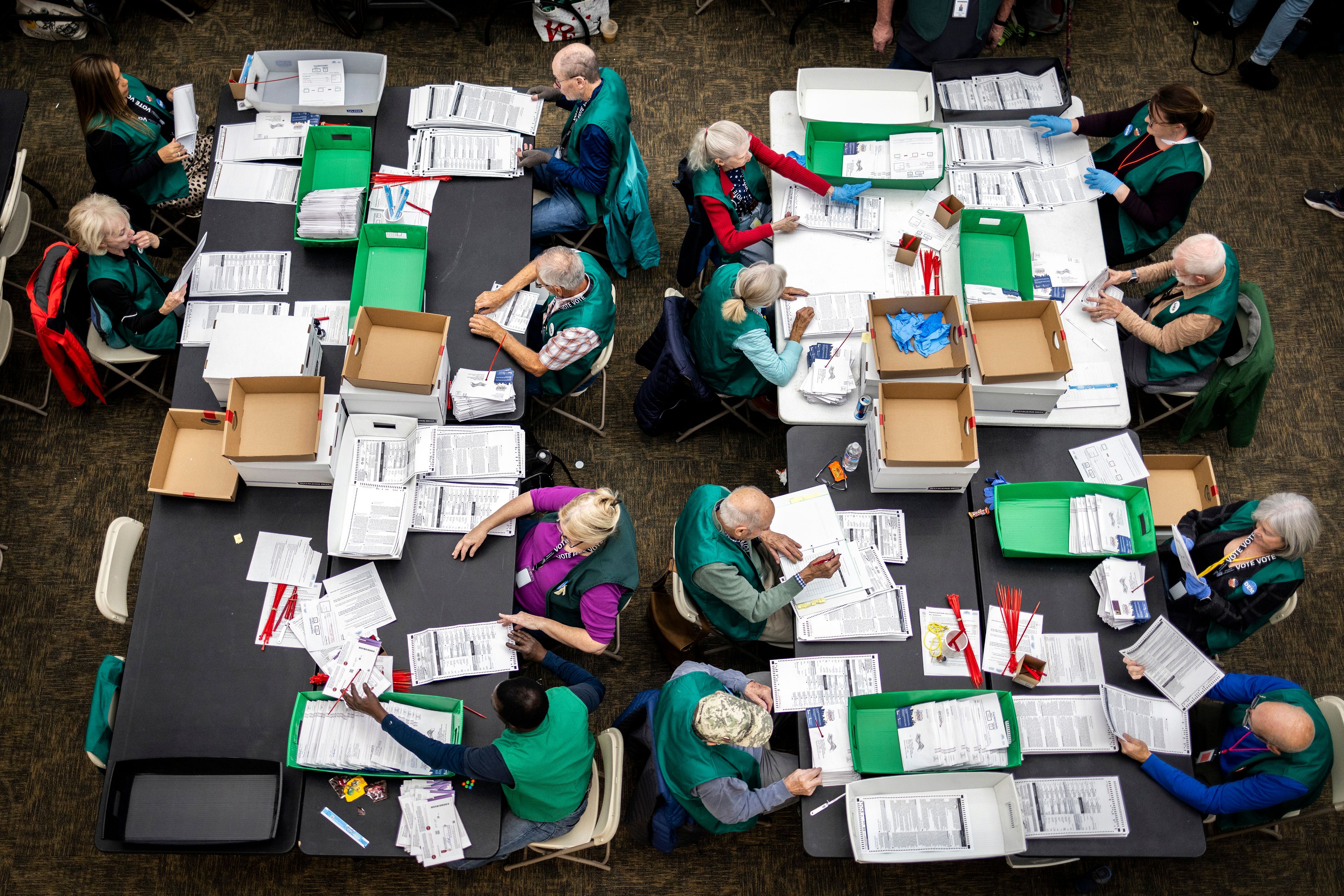 Election workers review ballots at the Denver Elections Division in Denver on Election Day, Tuesday, Nov. 5, 2024. (AP Photo/Chet Strange)