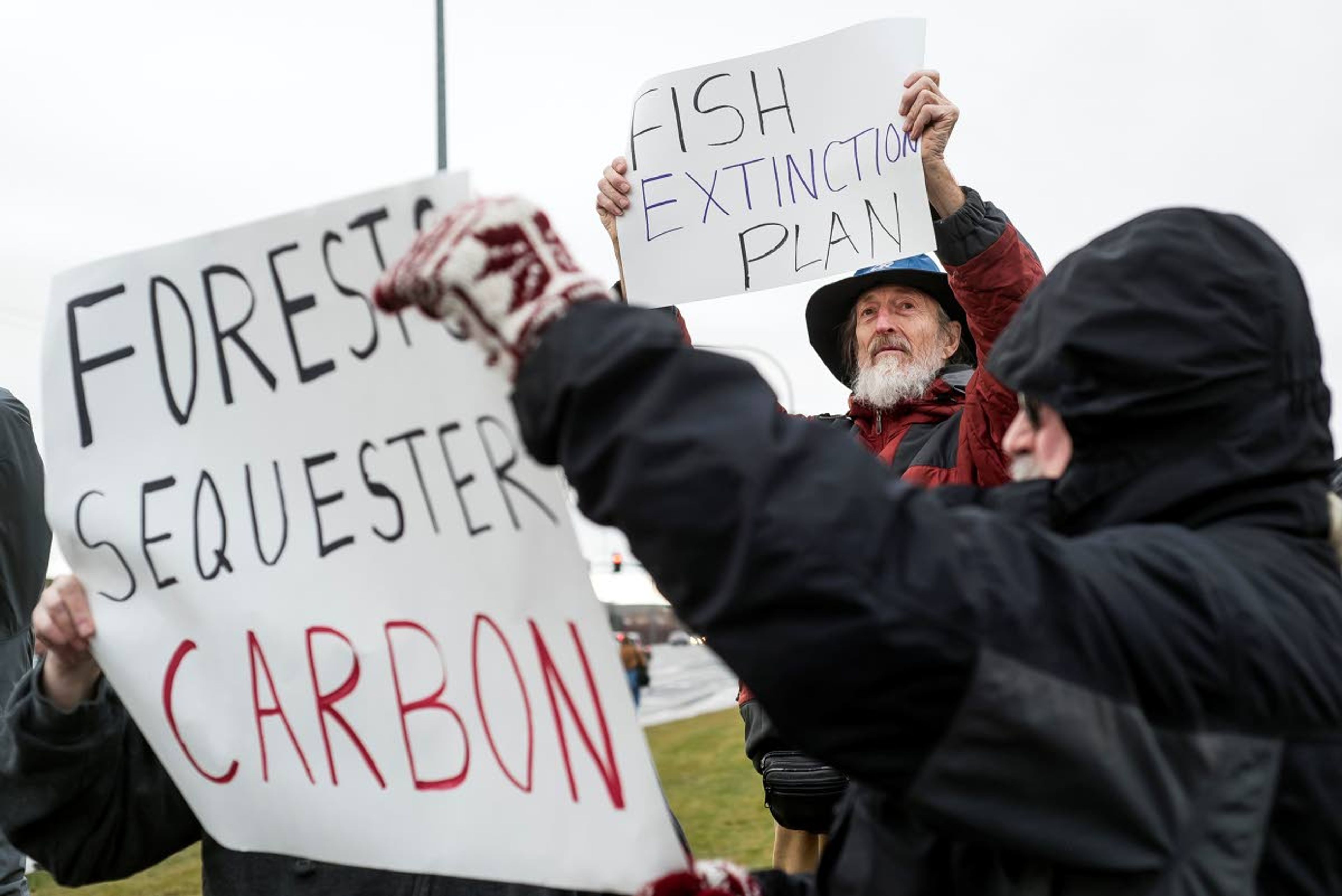 Michael Haseltine, of Moscow, (back) holds a sign up to passing cars on the Pullman Highway during a protest of Nez Perce-Clearwater National Forest draft forest plan revision at Best Western Plus University Inn at Moscow Saturday. "This plan is concerned with business and money, not the environment," said Haseltine.