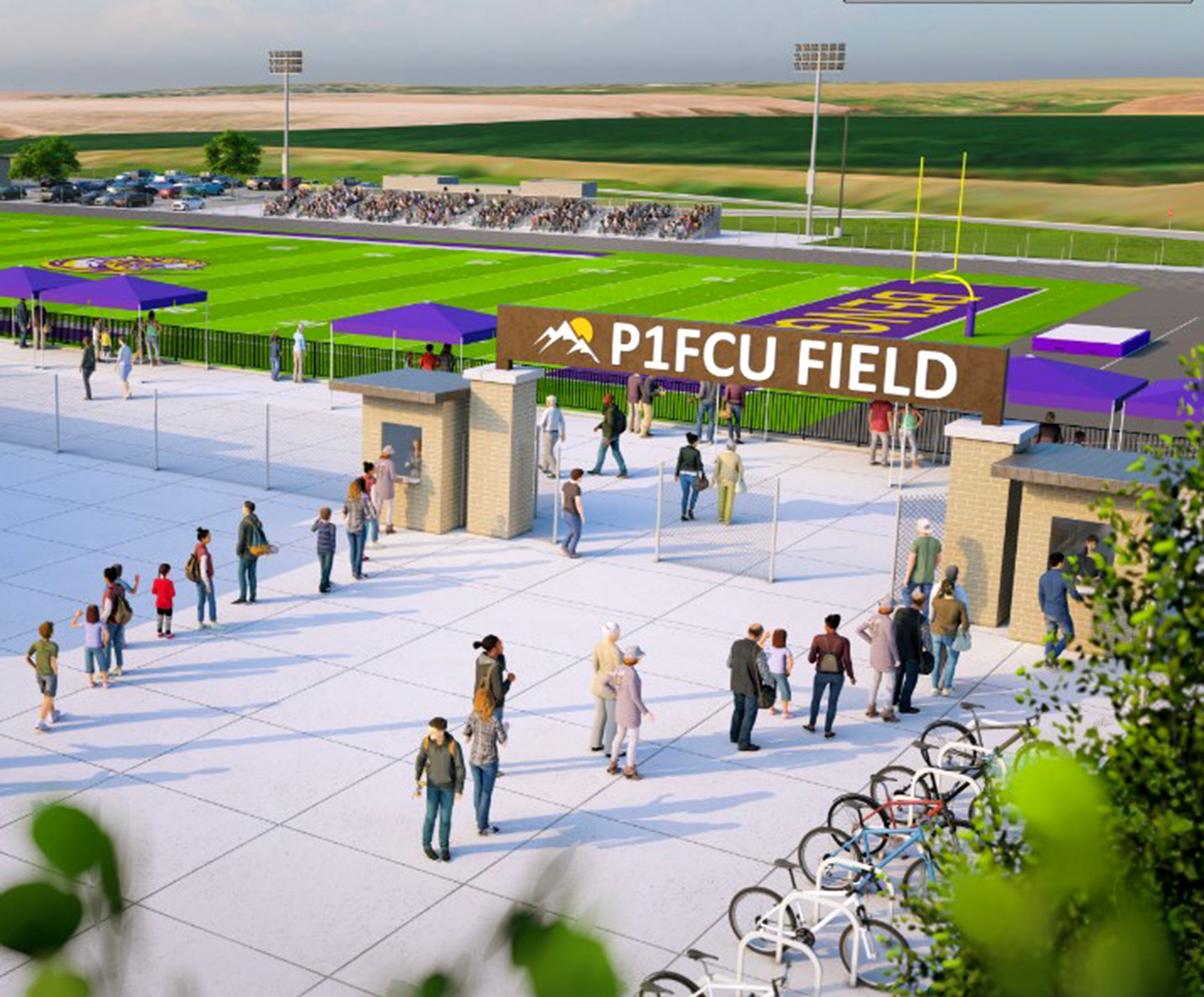 Lewiston High's new stadium will be named P1FCU Field, thanks to a $5 million donation from Potlatch No. 1 Financial Credit Union. This artist rendering shows what the entrance is expected to look like.