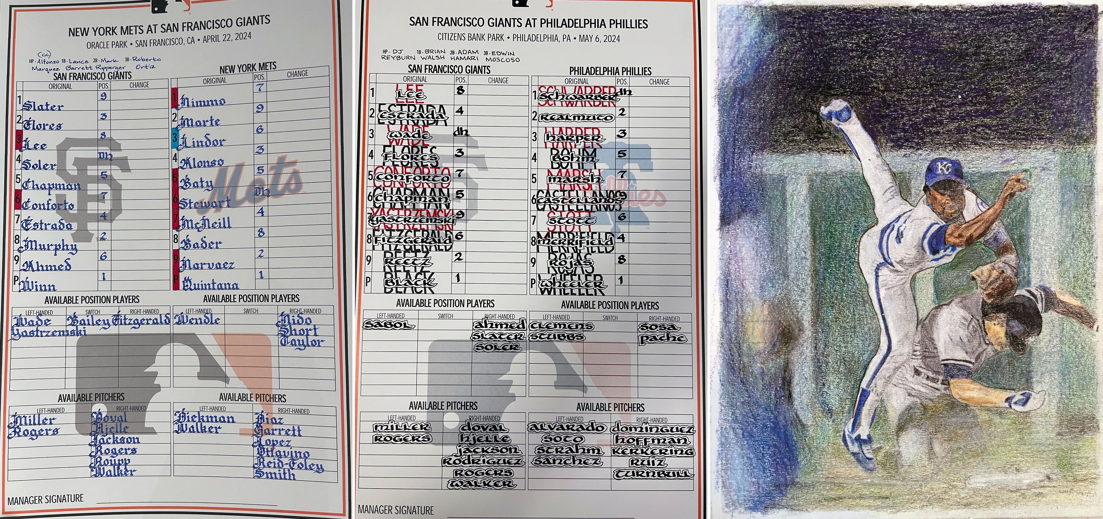 These images provided by San Francisco Giants baseball coach Ryan Christenson show lineup cards and a drawing showing Frank White turning a double play. "He's an artist," said New York Yankees star Juan Soto, who spent 1 1/2 years with Christenson in San Diego.