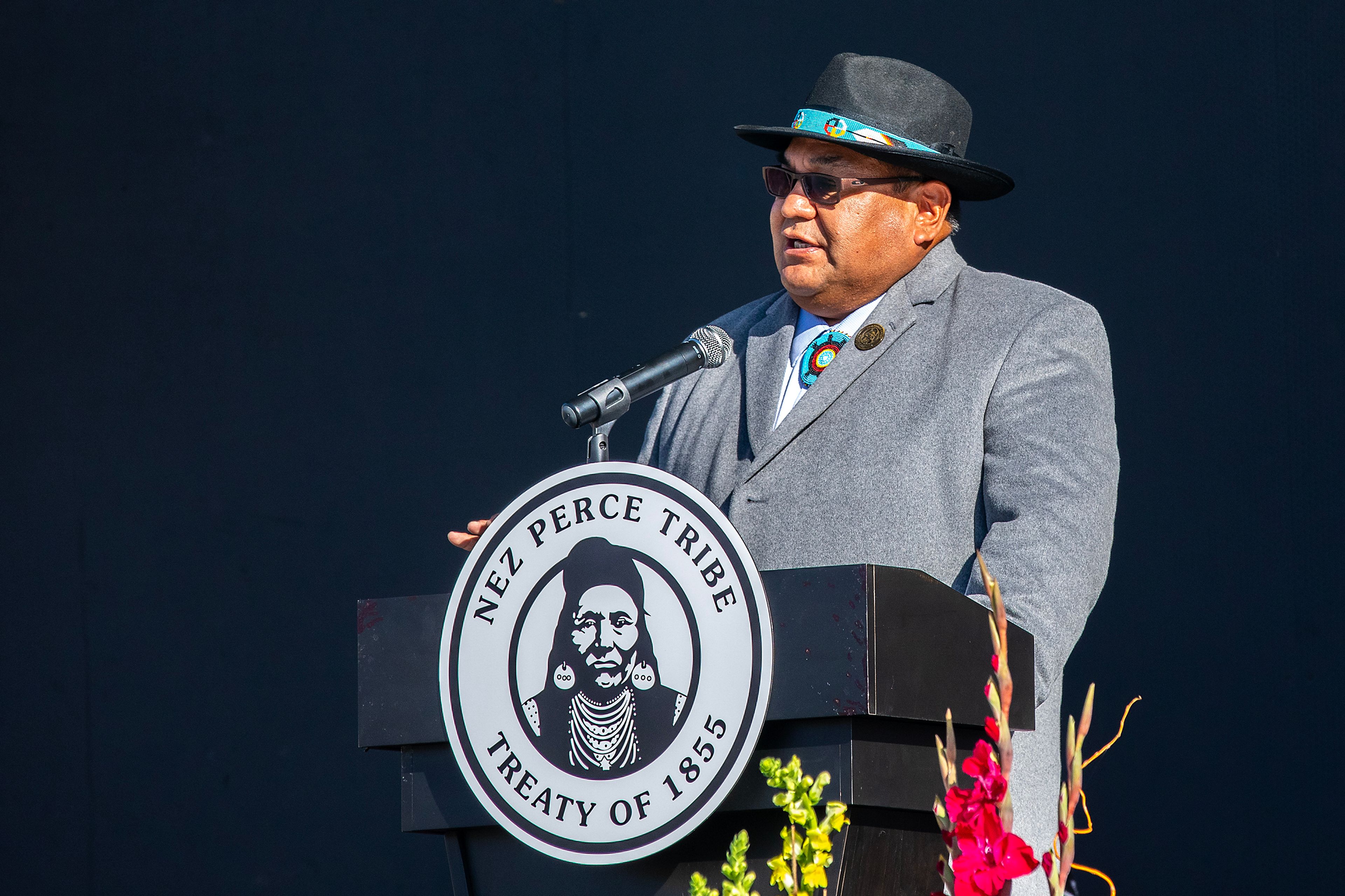 Nez Perce Tribe Chairperson Shannon Wheeler speaks at the ribbon cutting ceremony Thursday for the Aht�Wy Interchange over U.S. Highway 95/12 in Lewiston.