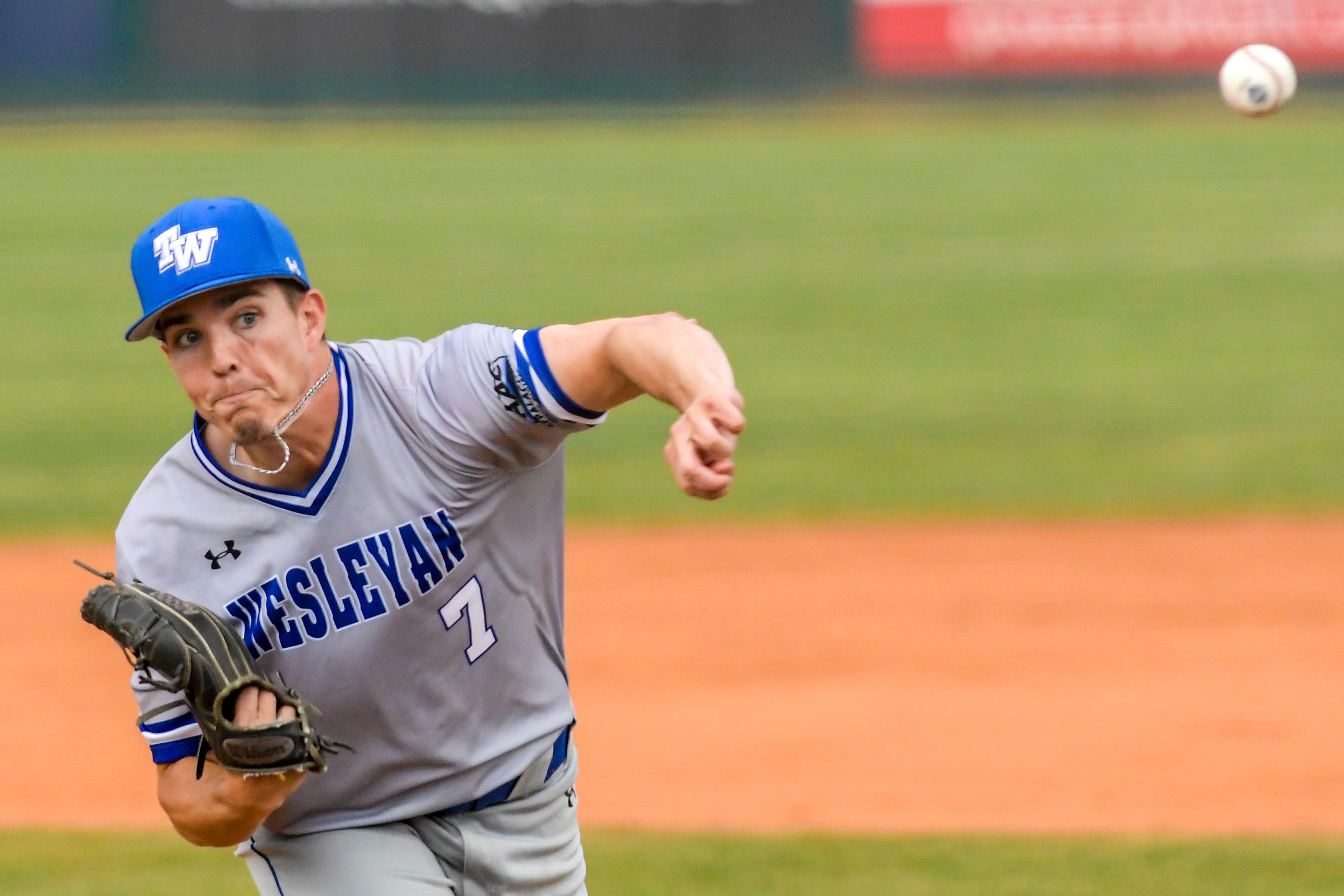 Tennessee Wesleyan pitcher Blake Peyton throws a pitch against Cumberlands during game 3 of the NAIA World Series at Harris Field Friday in Lewiston.