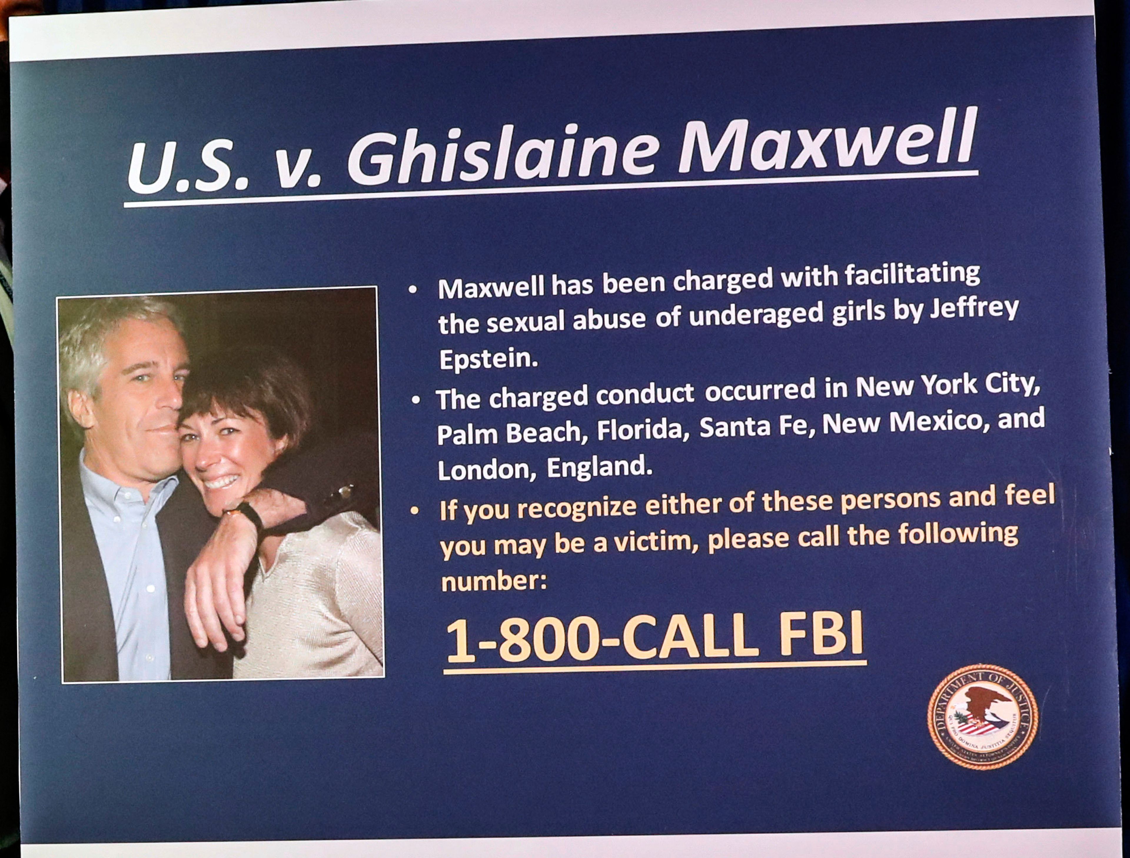 FILE - A board outlining the case against Ghislaine Maxwell is seen during a news conference to announce charges against Maxwell for her alleged role in the sexual exploitation and abuse of multiple minor girls by Jeffrey Epstein, July 2, 2020, in New York. (AP Photo/John Minchillo, File)