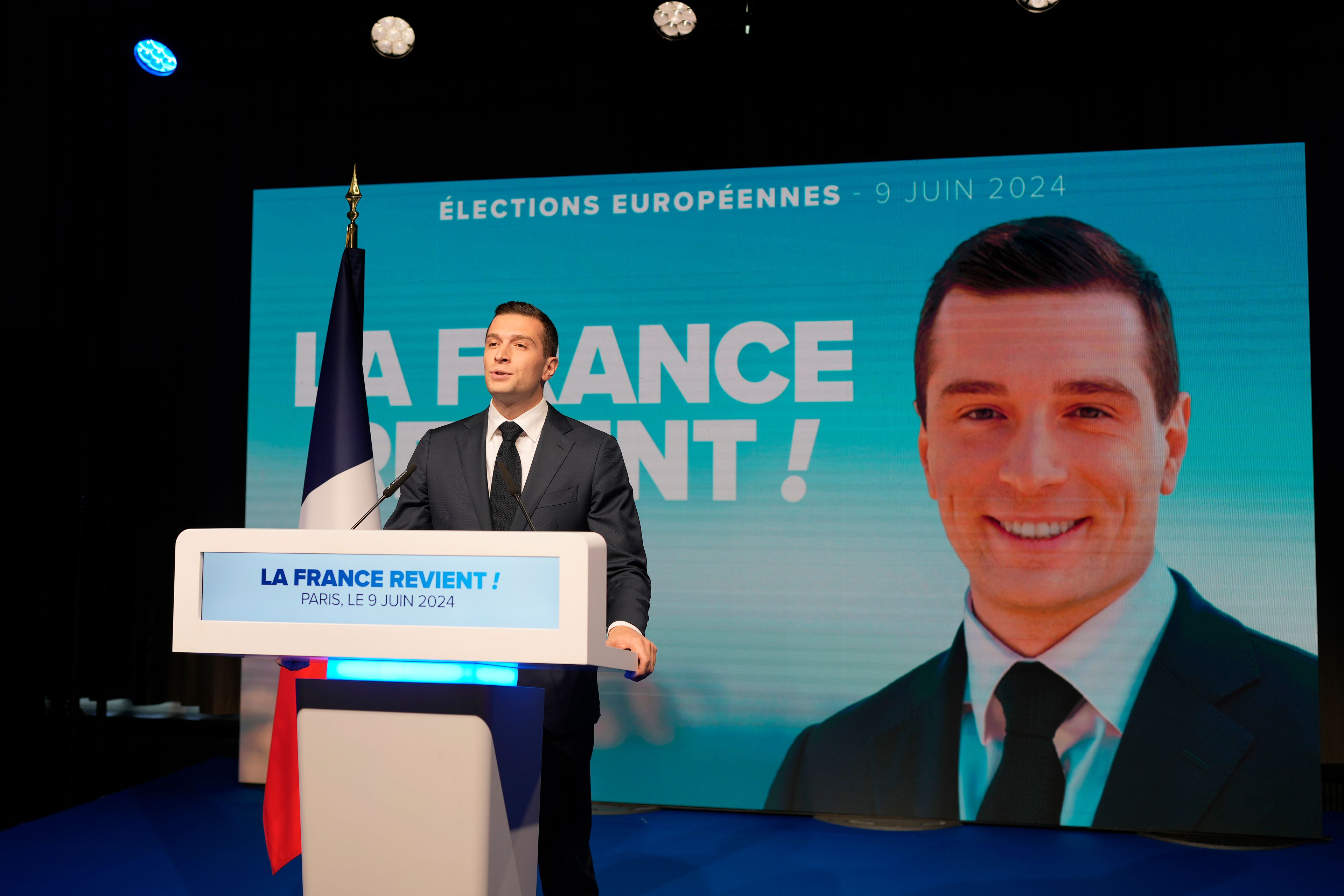 French far-right National Rally lead candidate Jordan Bardella delivers a speech at the party election night headquarters, Sunday, June 9, 2024 in Paris. First projected results from France put far-right National Rally party well ahead in EU elections, according to French opinion poll institutes.