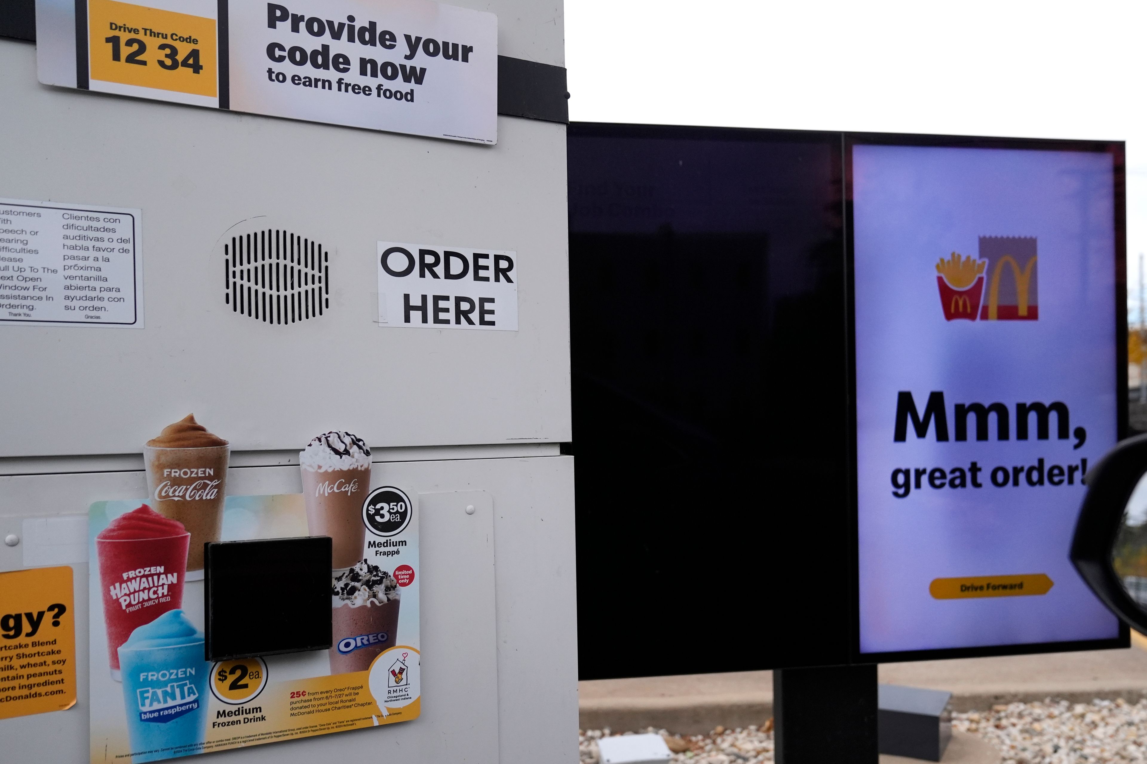 Pictured is a McDonald's drive through selection kiosk Wednesday, Oct. 23, 2024, in Chicago. (AP Photo/Charles Rex Arbogast)