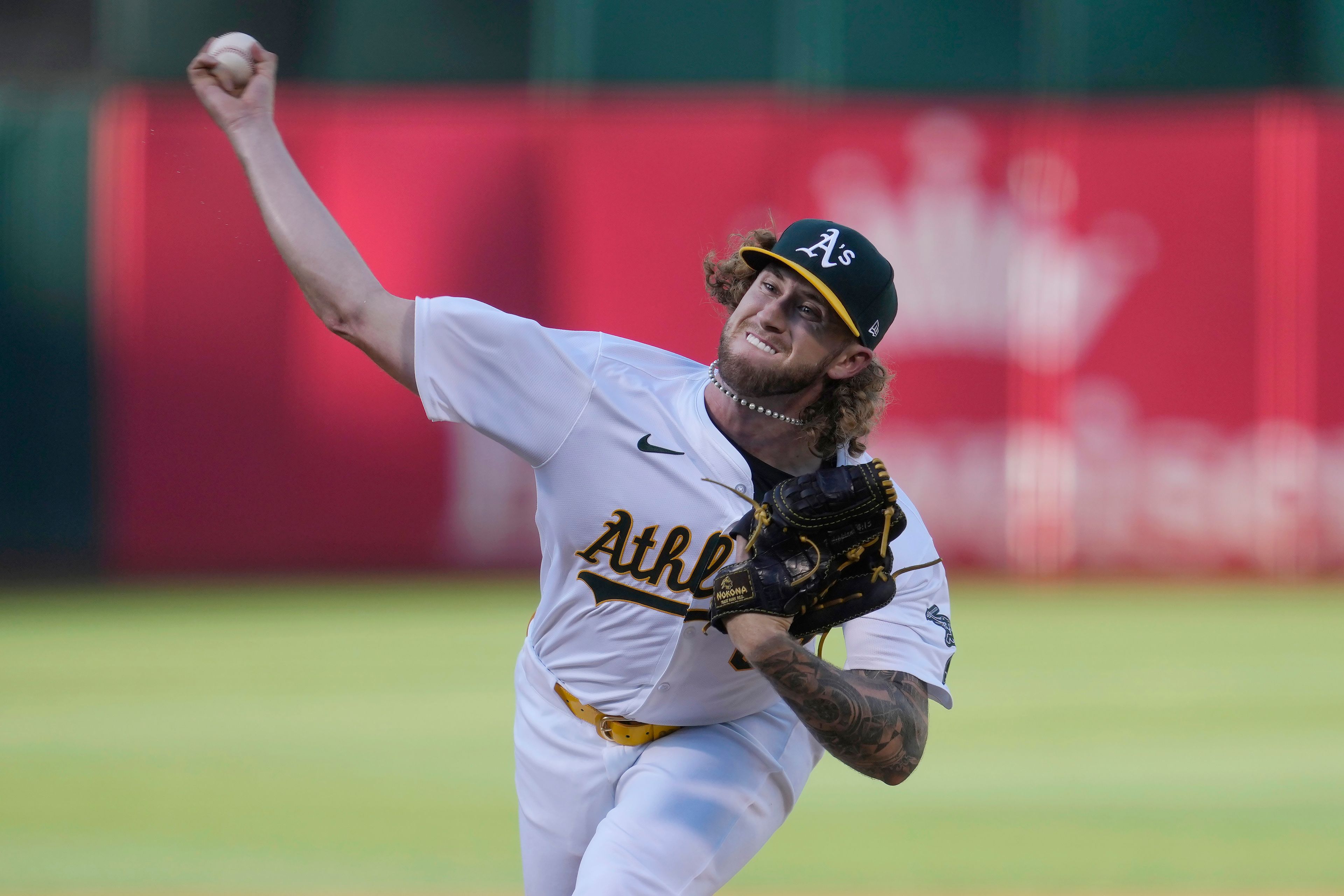 Oakland Athletics pitcher Joey Estes works against the Seattle Mariners during the first inning of a baseball game in Oakland, Calif., Wednesday, June 5, 2024. (AP Photo/Jeff Chiu)