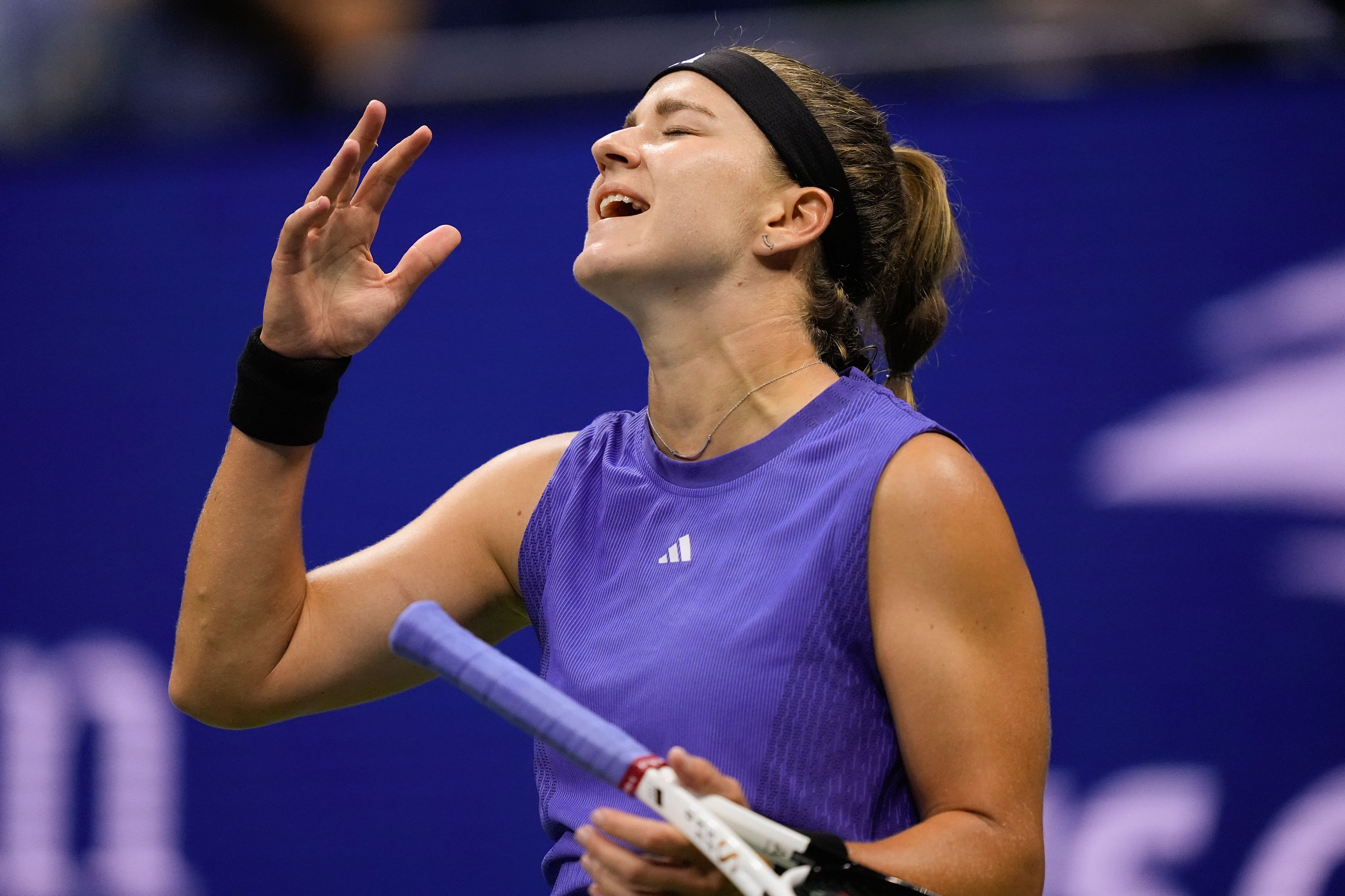 Karolina Muchova, of the Czech Republic, reacts after losing a point to Jessica Pegula, of the United States, during the women's singles semifinals of the U.S. Open tennis championships, Thursday, Sept. 5, 2024, in New York.