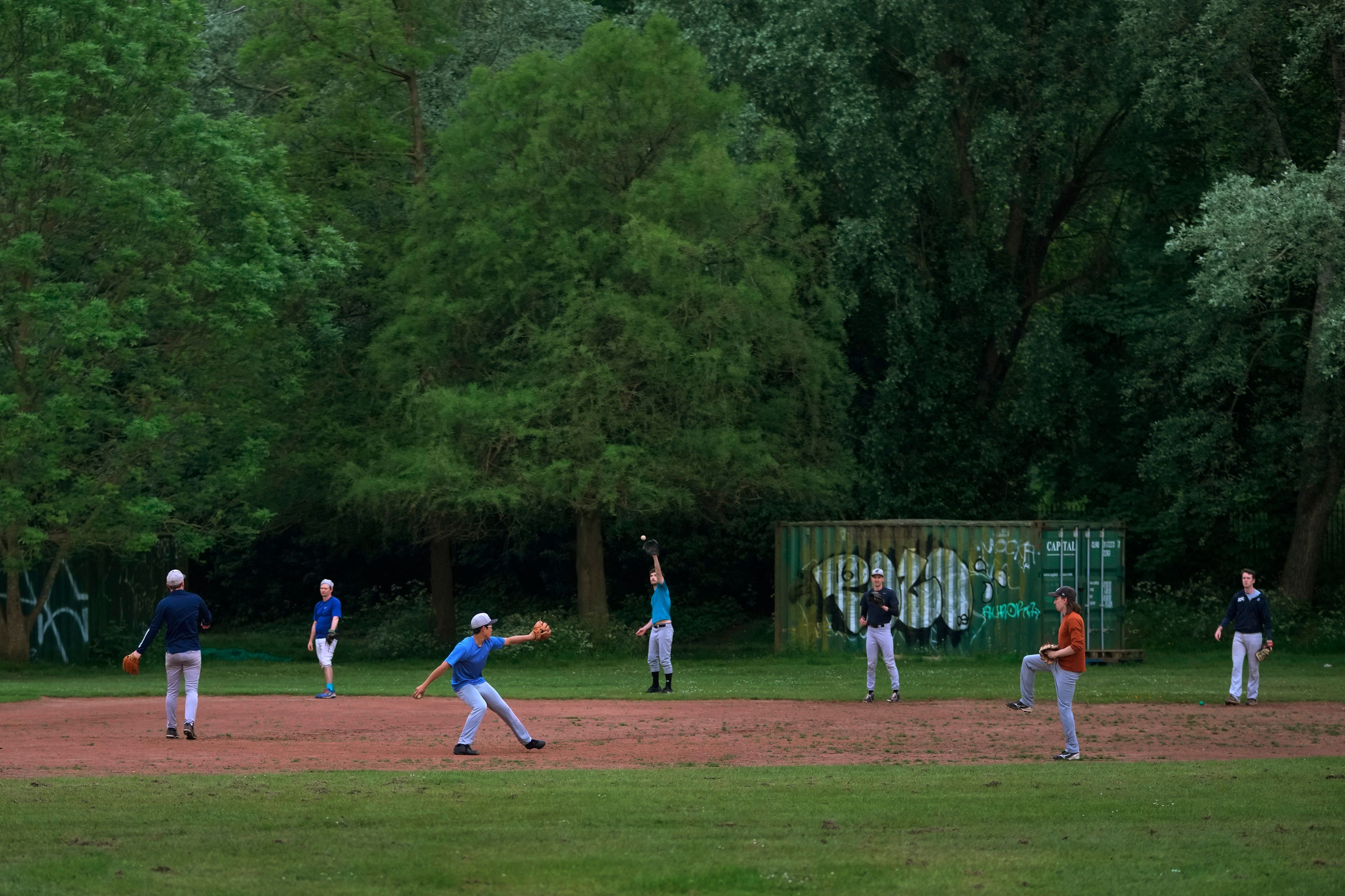 Members of the UK baseball team London Mets practice during a training session at the Finsbury Park in London, Thursday, May 16, 2024. Baseball at the highest club level in Britain is competitive. Teams are mélange of locals and expats some with college and minor league experience.