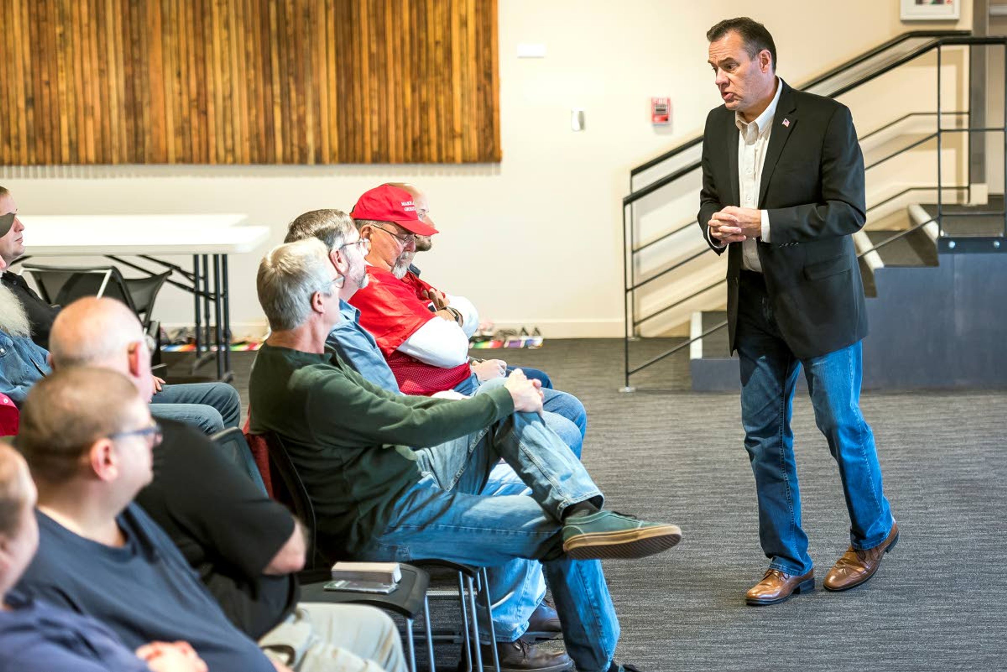 Idaho Rep. Russ Fulcher (right) speaks to constituents during a town hall meeting at the Lewiston City Library on Friday in Lewiston. Fulcher warned that the country’s intelligence community seem “to be acting outside the law.”