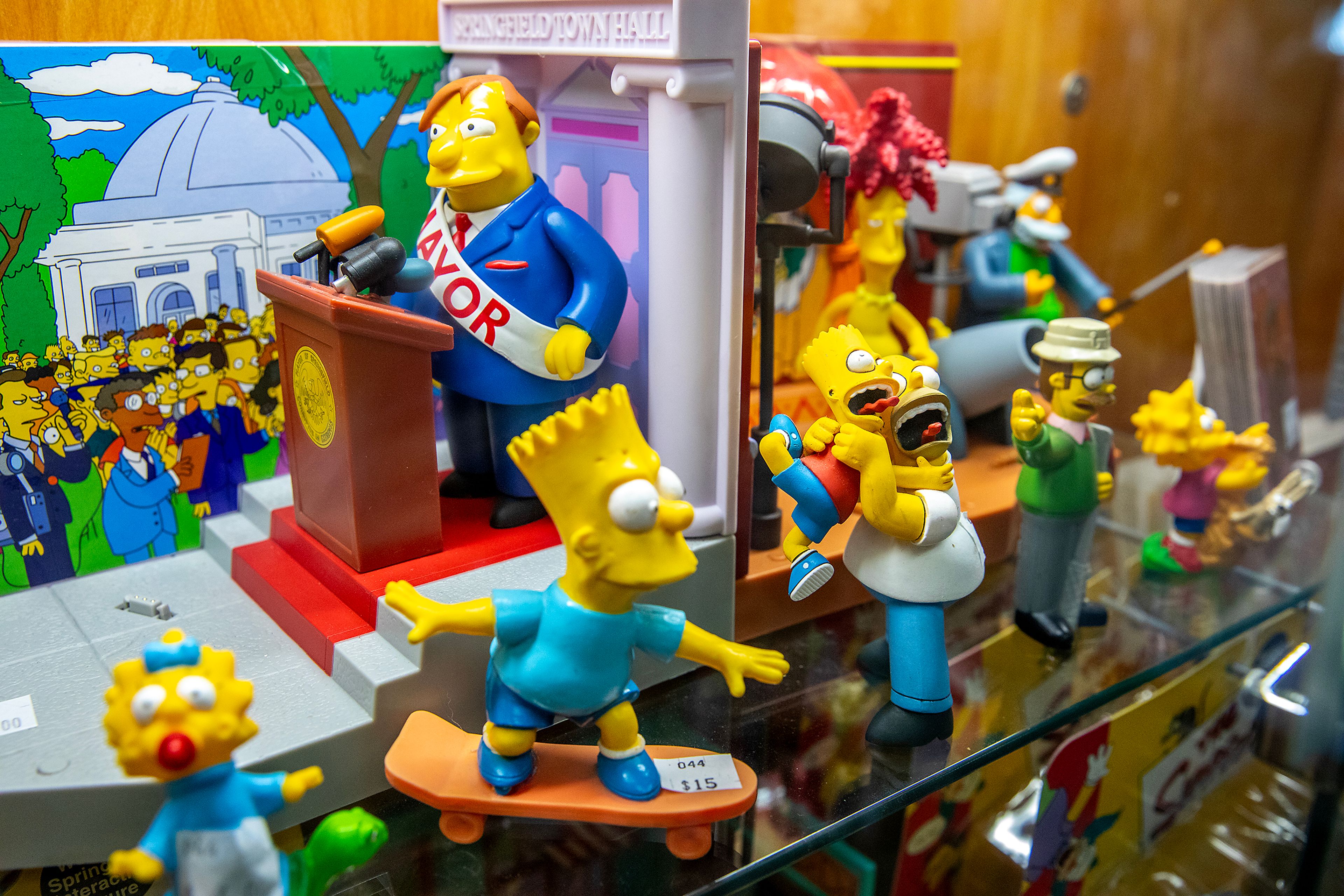 Simpsons products sit behind glass at Charlie’s Retro Reality Wednesday in Clarkston.