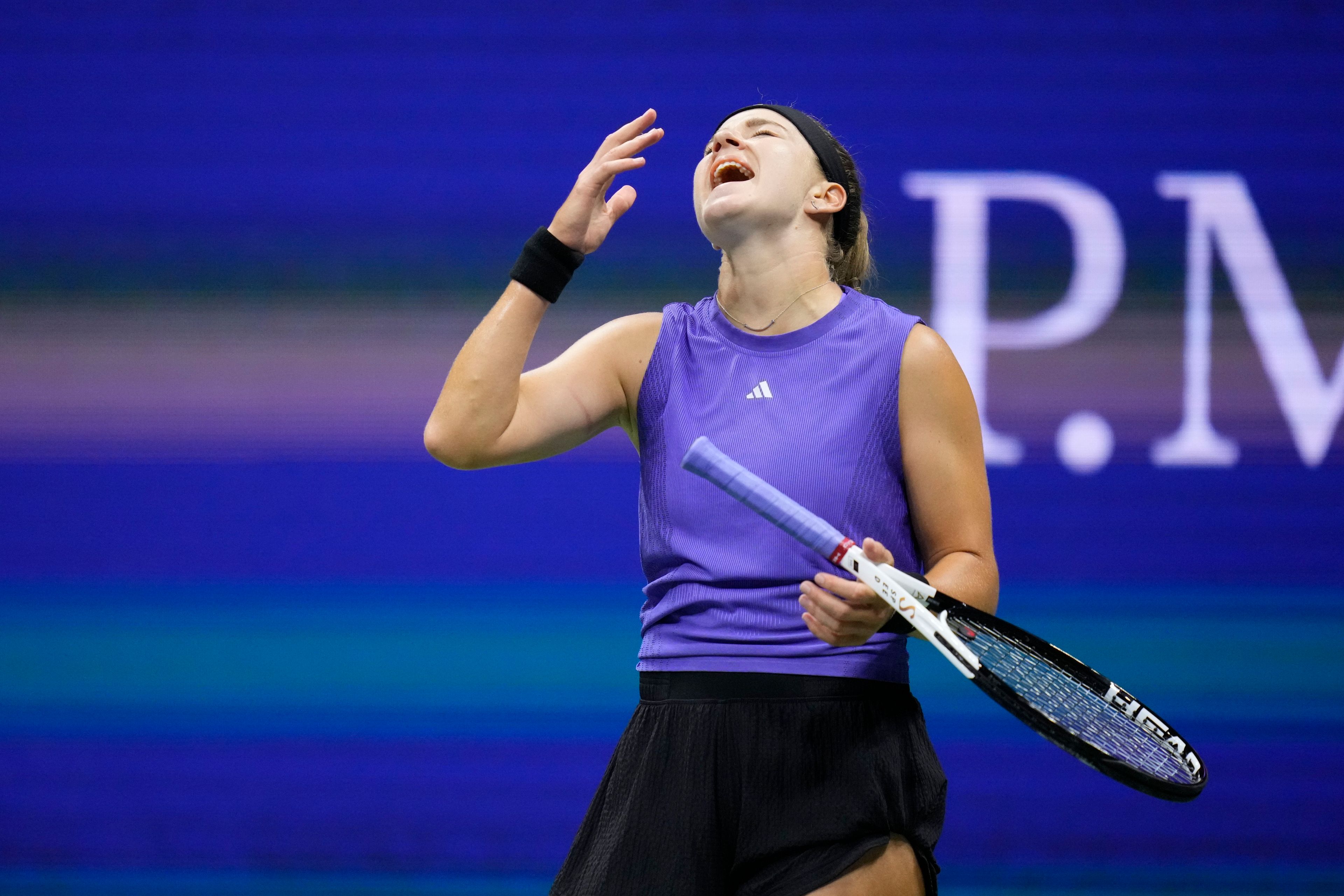 Karolina Muchova, of the Czech Republic, reacts against Jessica Pegula, of the United States, during the women's singles semifinals of the U.S. Open tennis championships, Thursday, Sept. 5, 2024, in New York.