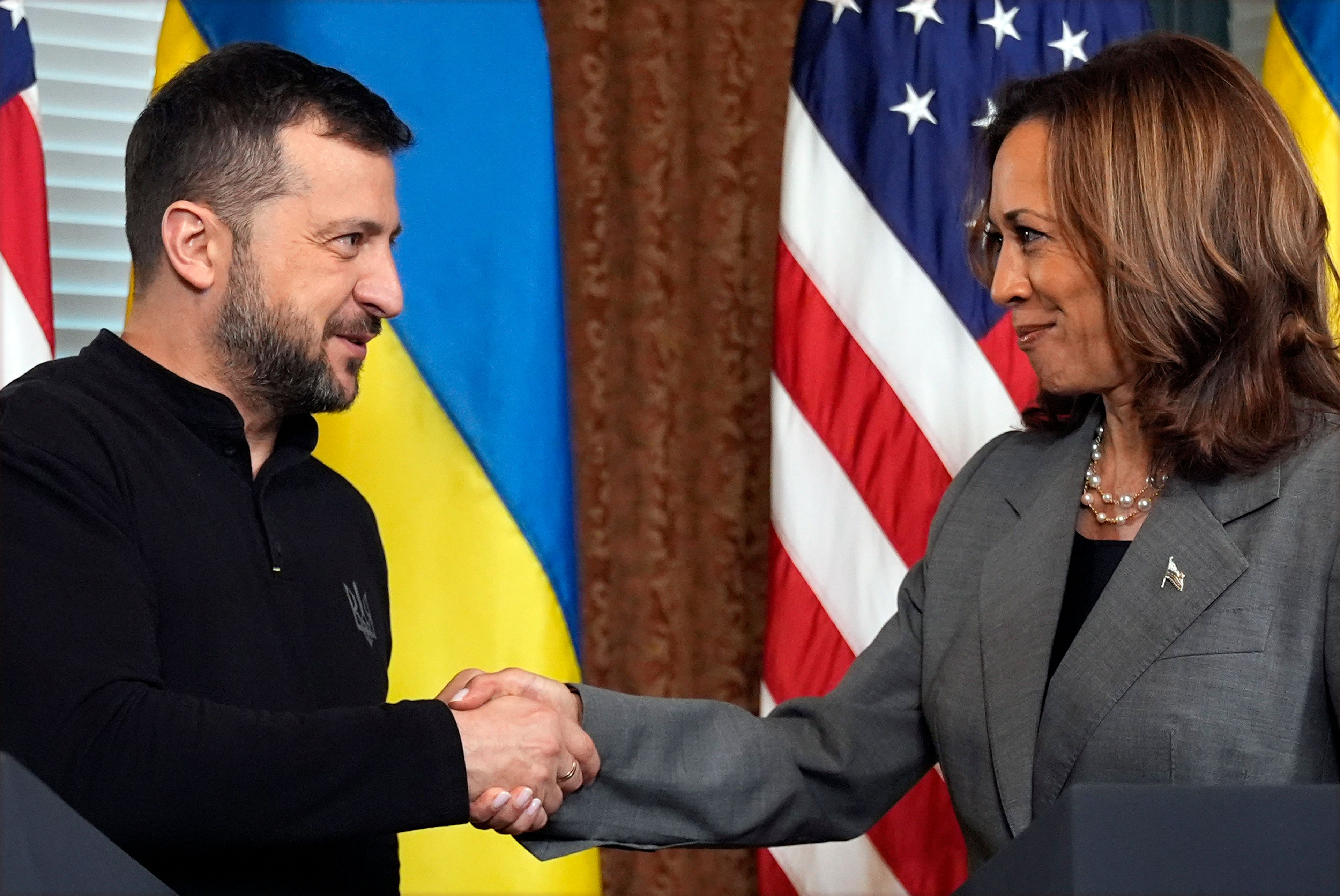 Vice President Kamala Harris meets with Ukraine's President Volodymyr Zelenskyy, Thursday, Sept. 26, 2024, in the vice president's ceremonial office inside the Eisenhower Executive Office Building on the White House complex in Washington. (AP Photo/Jacquelyn Martin)