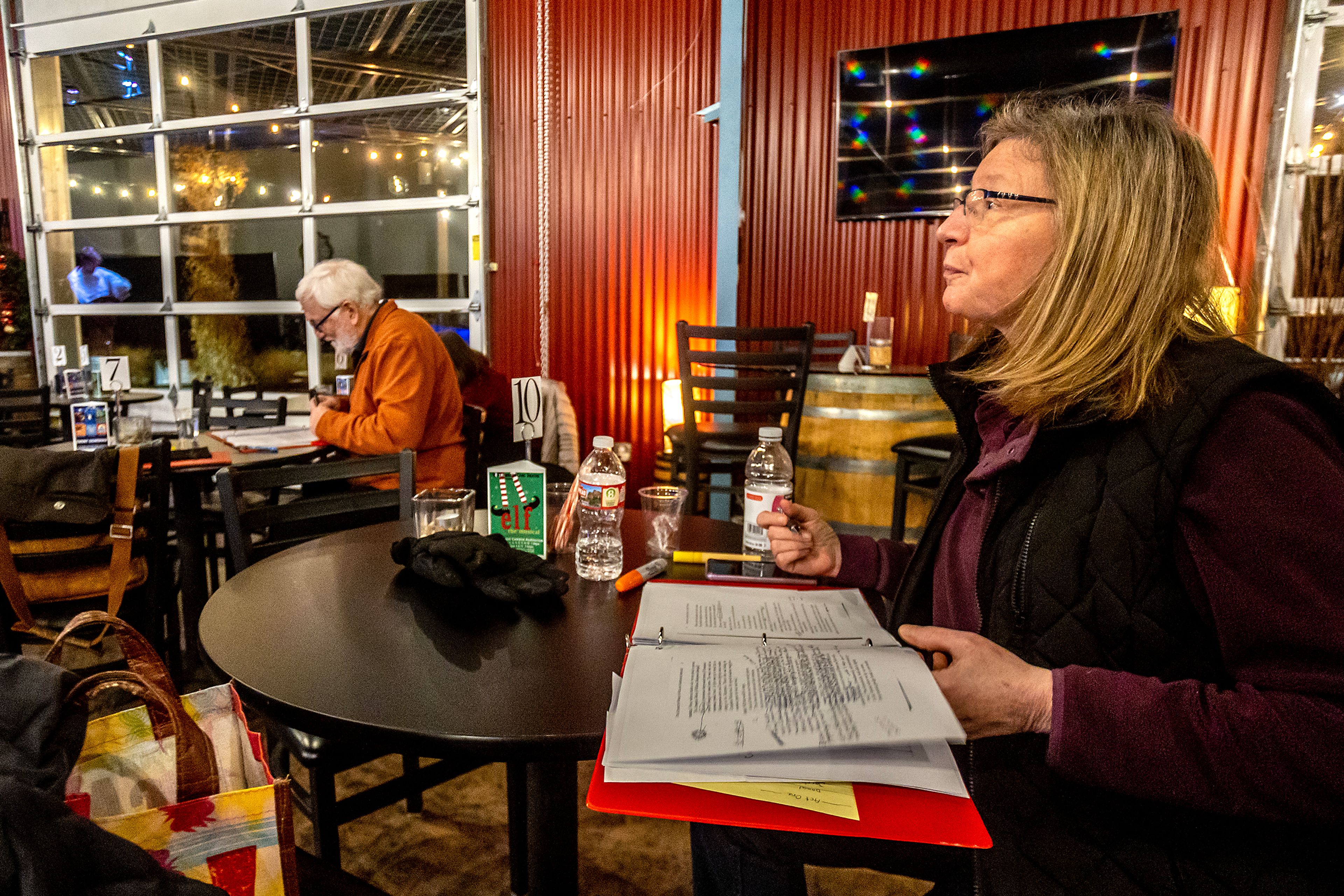 Director Beth Atkinson and stage manager Terry Lewis watch and makes notes during a rehearsal for “The Complete Works of William Shakespeare (Abridged)” Thursday last week at Lindsay Creek Vineyards in Lewiston.