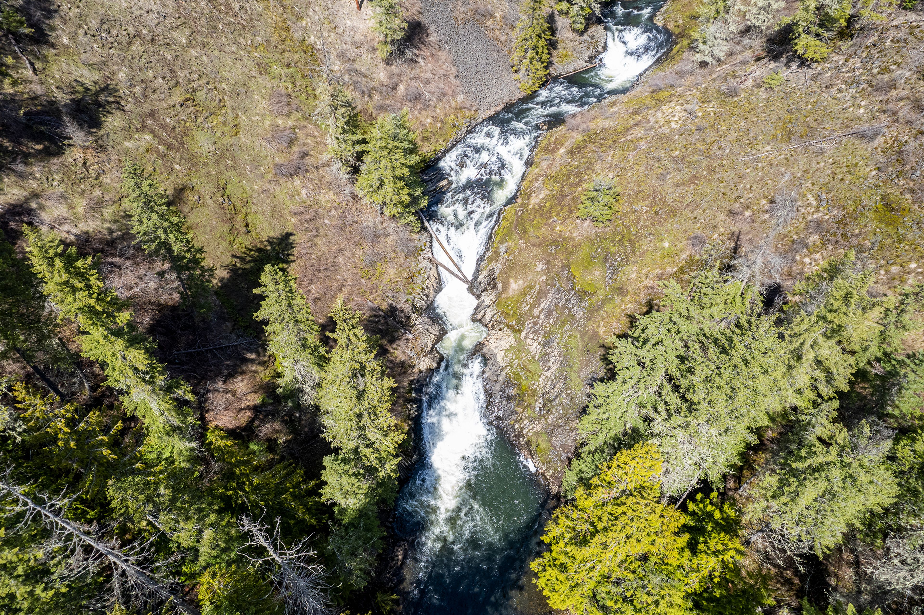 This image captured with a drone shows the upper waterfall of Elk Creek Falls earlier this spring. Elk Creek Falls is comprised of three separate waterfalls totaling more than 140 feet and is located 50 miles east of Moscow near the town of Elk River.