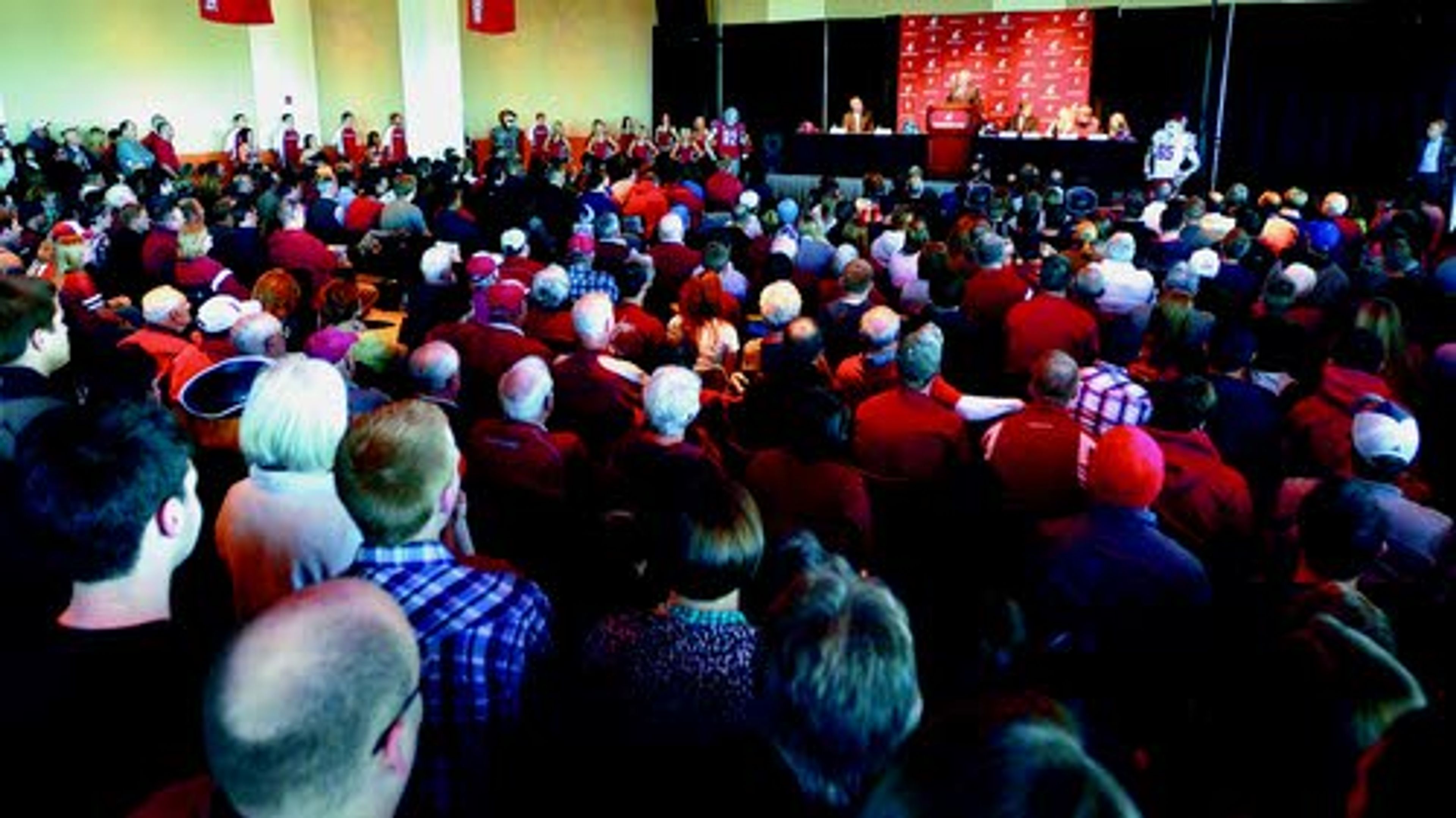 A packed CUB ballroom waits for Mike Leach to be introduced.