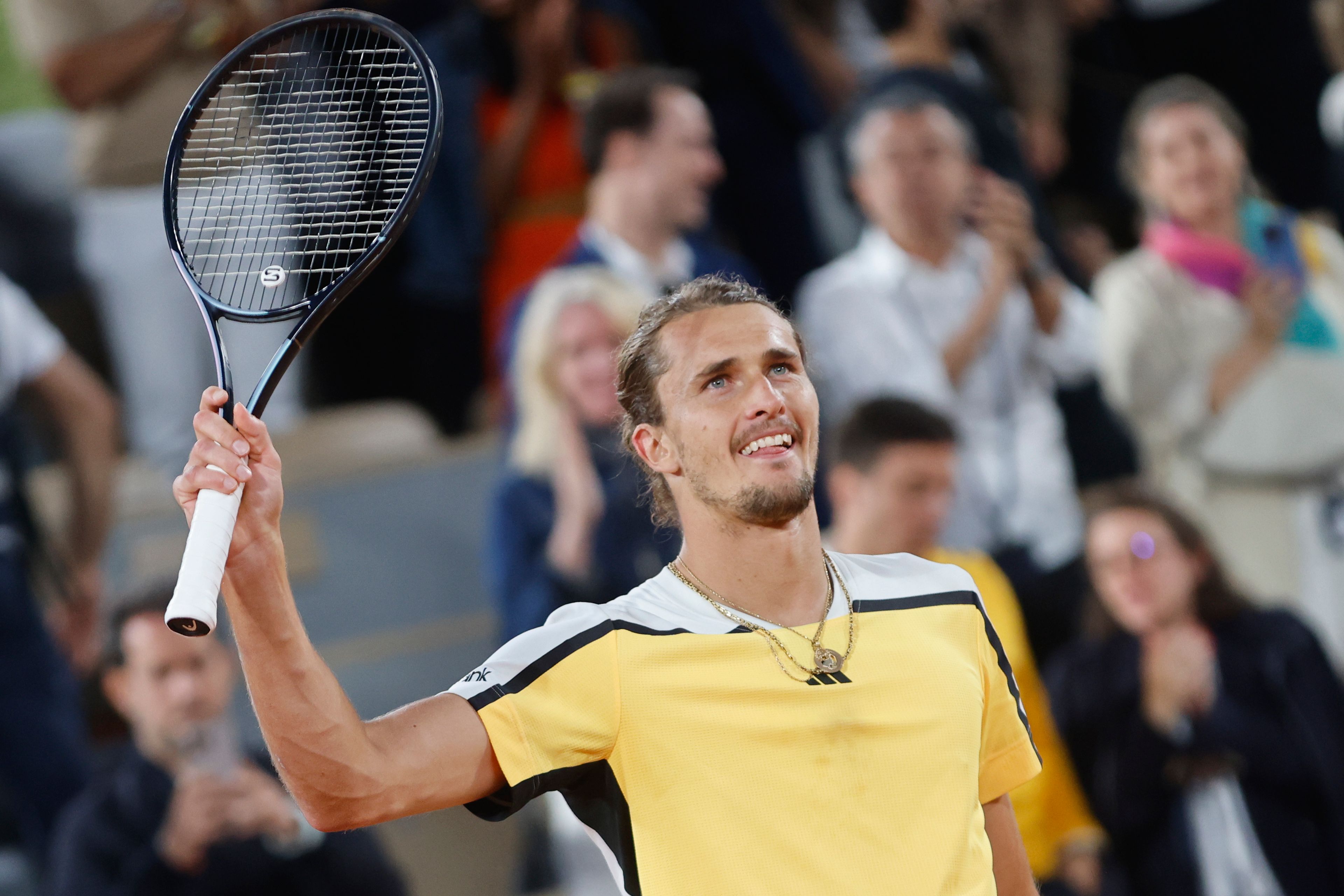 Germany's Alexander Zverev celebrates winning his semifinal match of the French Open tennis tournament against Norway's Casper Ruud at the Roland Garros stadium in Paris, Friday, June 7, 2024.