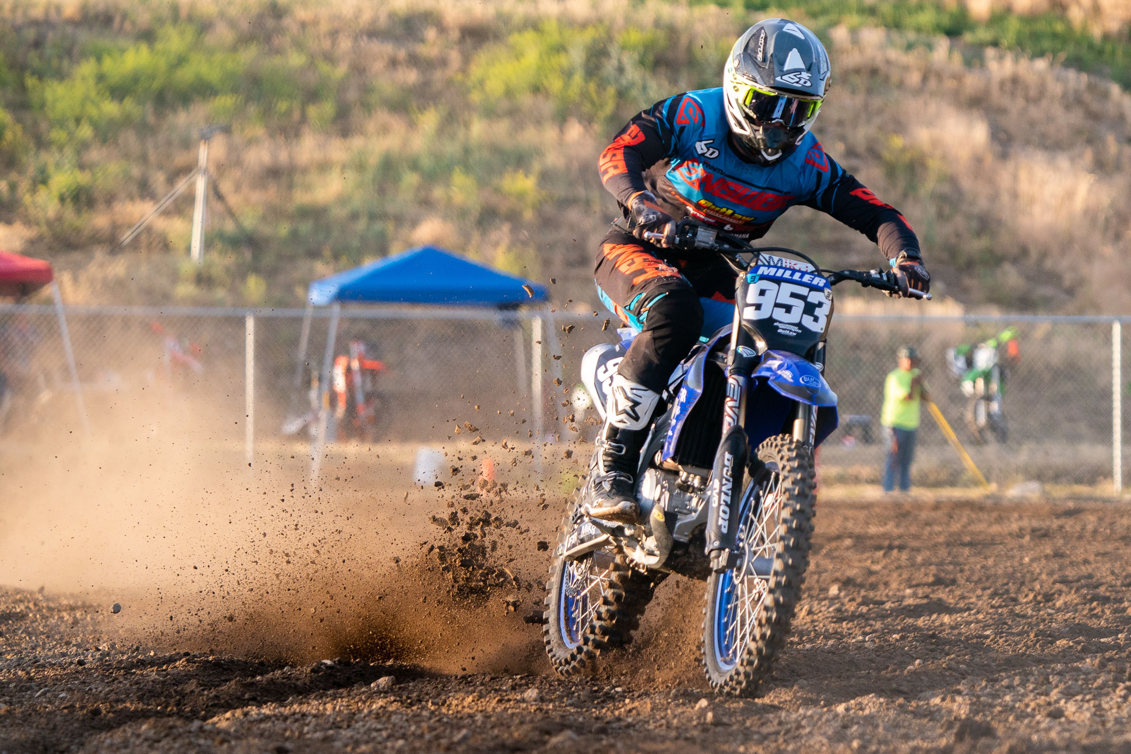 Bruce Miller kicks dirt up as he finishes the course during the Horsepower vs Horse Power event Saturday evening at ECMX Park in Lewiston.