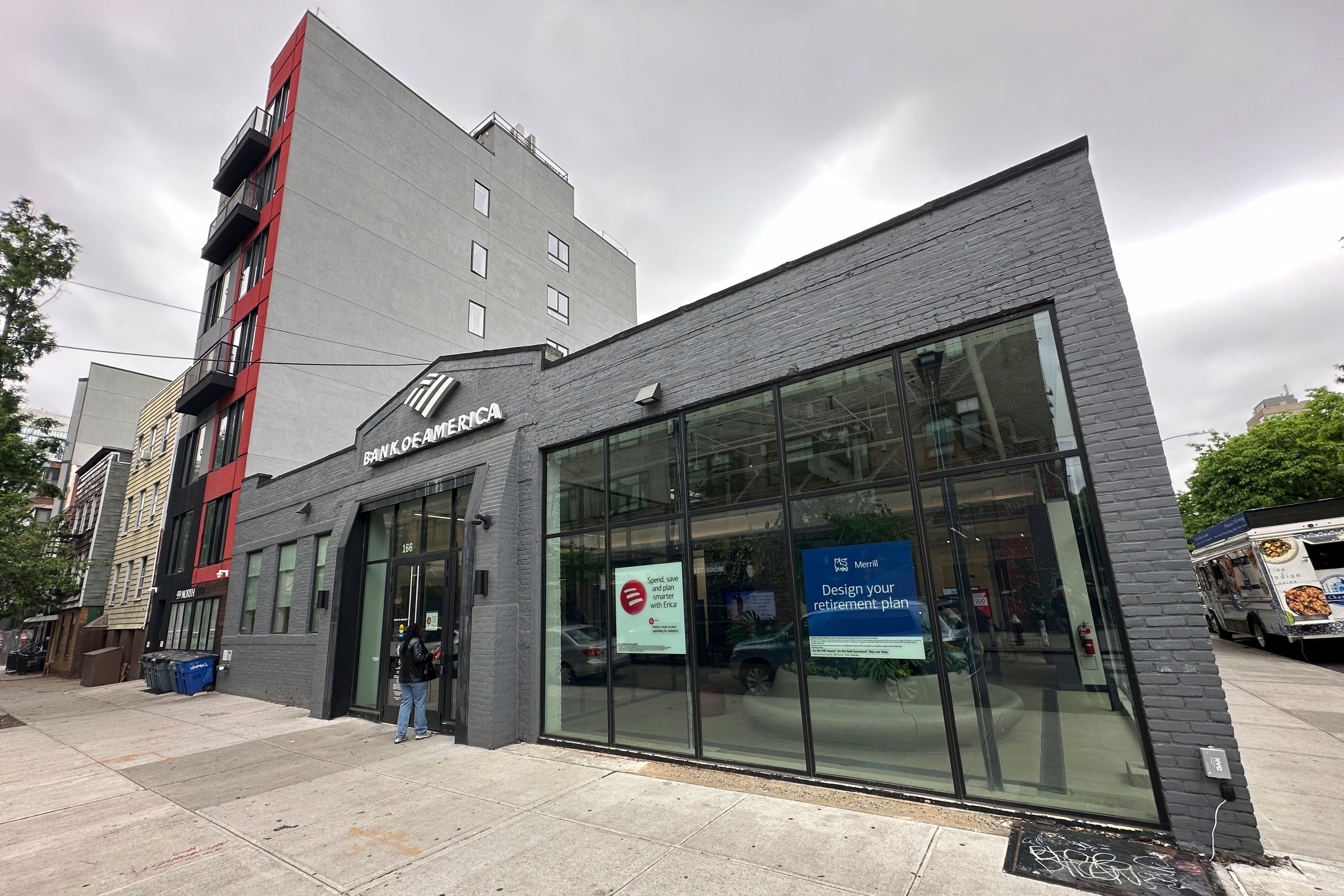 A Bank of American branch in the Williamsburg section in Brooklyn, New York, is shown on Thursday, May 16, 2024. The branch was previously used as a studio space for a sculptor. The clean, airy branch features sculptures by the artist who was previously in the space, as well as additional art from around the neighborhood.