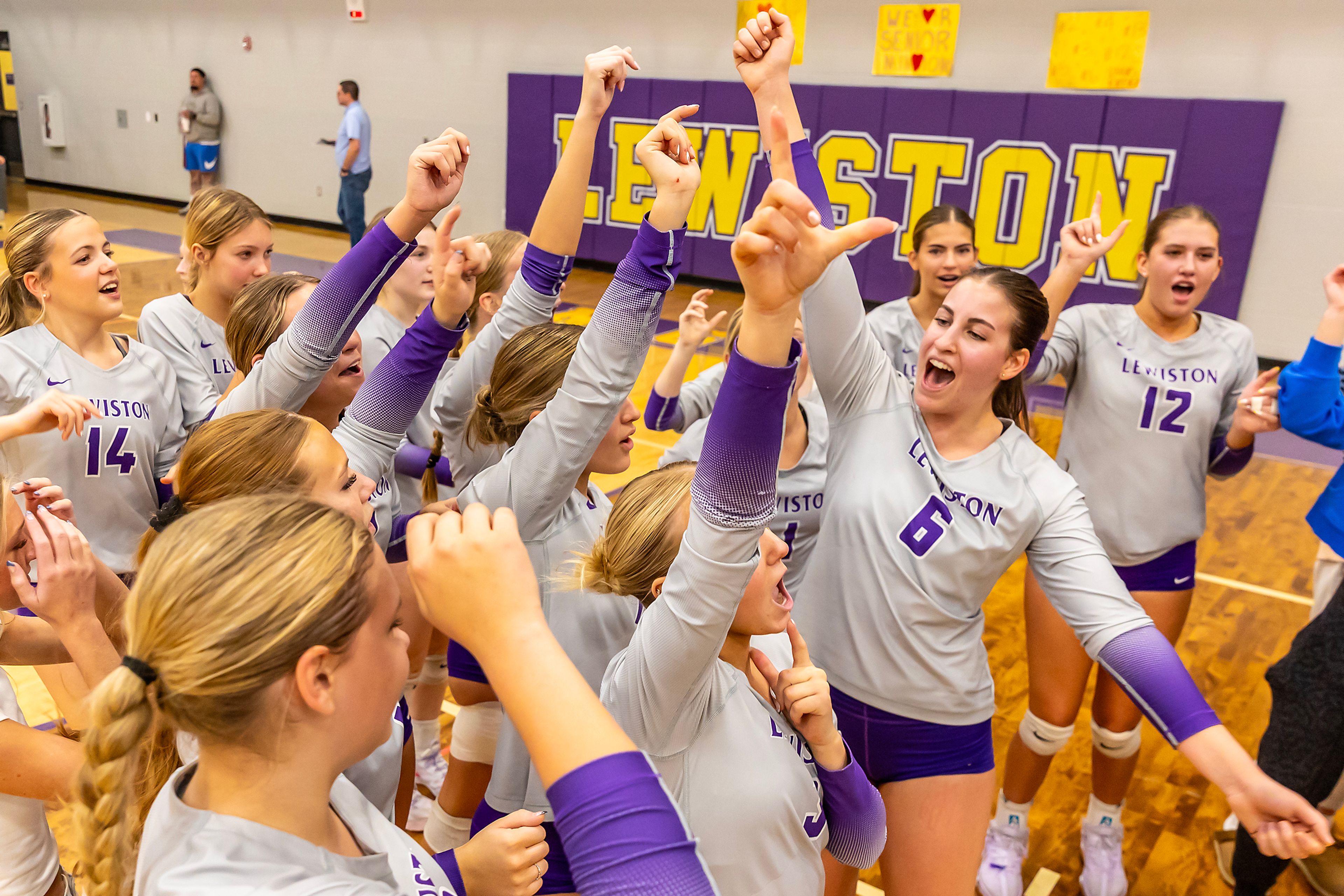 Lewiston celebrates its victory over Moscow in a 5A district tournament match Tuesday in Lewiston.
